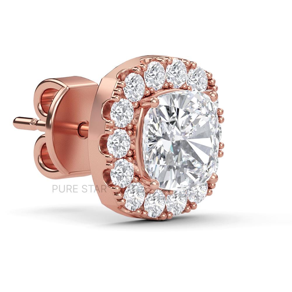2 Carat IGI Certified E-F Color Cushion Cut, Lab Grown Diamond Earrings, Stud Halo Set 14K Solid Gold Wedding Earring, Diamond Stud Earring