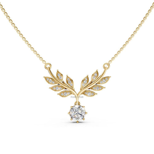 14k Gold Lab Diamond Leaf Necklace: Art Deco Pendant