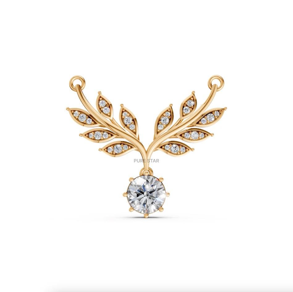 14k Gold Lab Diamond Leaf Necklace: Art Deco Pendant