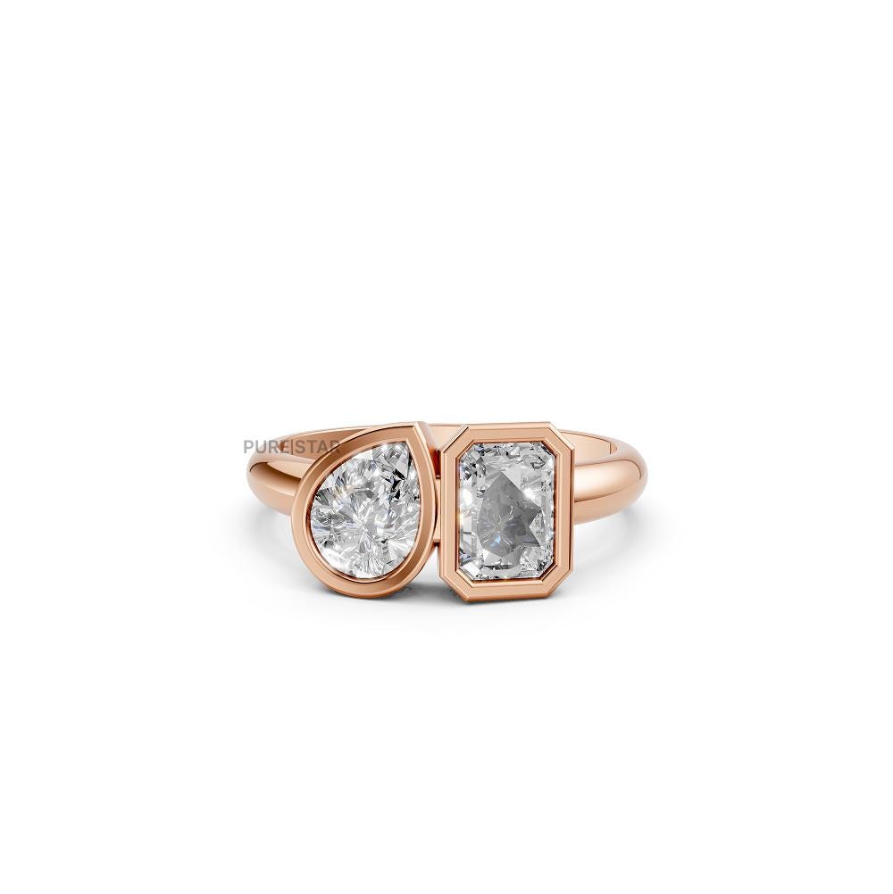 Toi Et Moi Engagement Ring Bezel Radiant and Pear Brilliant Diamond Proposal Ring Lab Grown Diamond Anniversary Gift You and Me Wedding Ring
