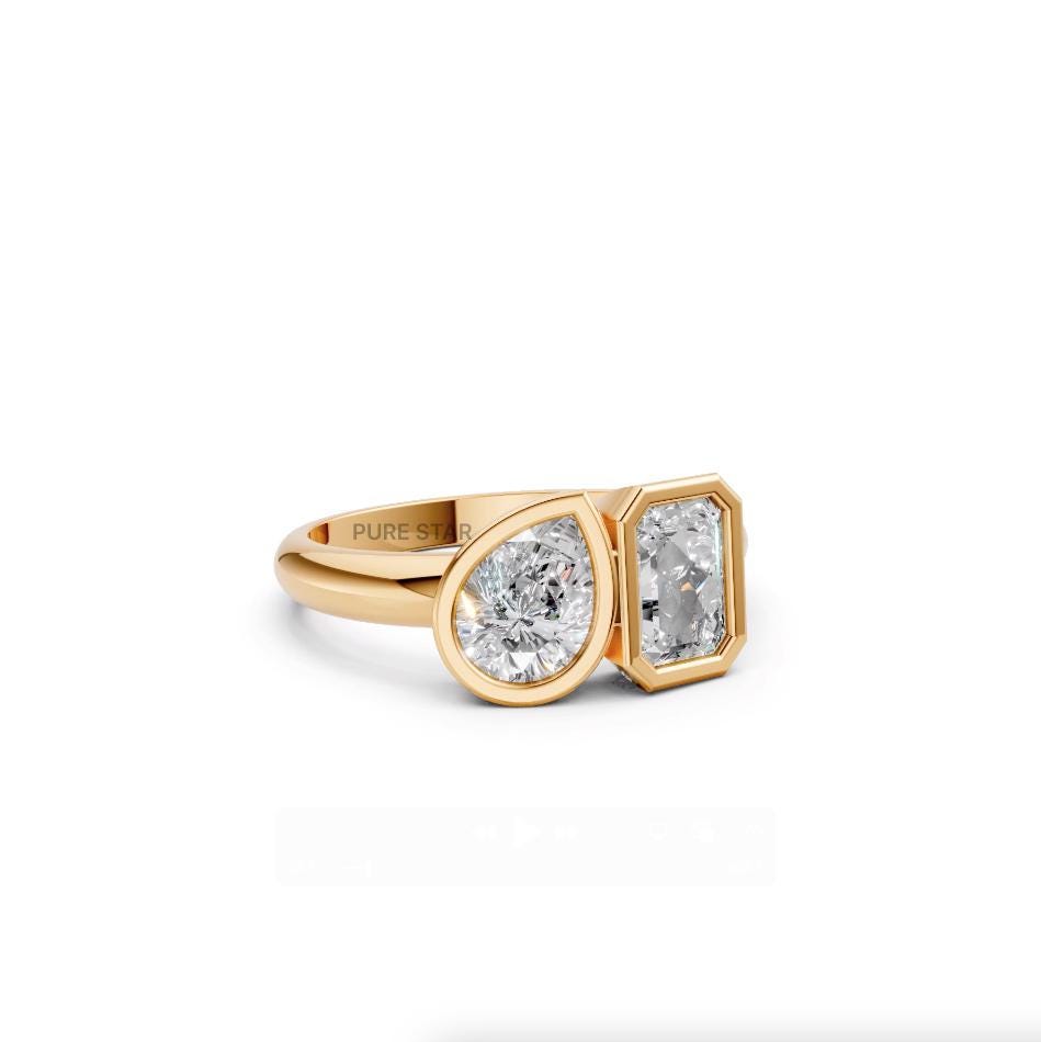 Toi Et Moi Engagement Ring Bezel Radiant and Pear Brilliant Diamond Proposal Ring Lab Grown Diamond Anniversary Gift You and Me Wedding Ring