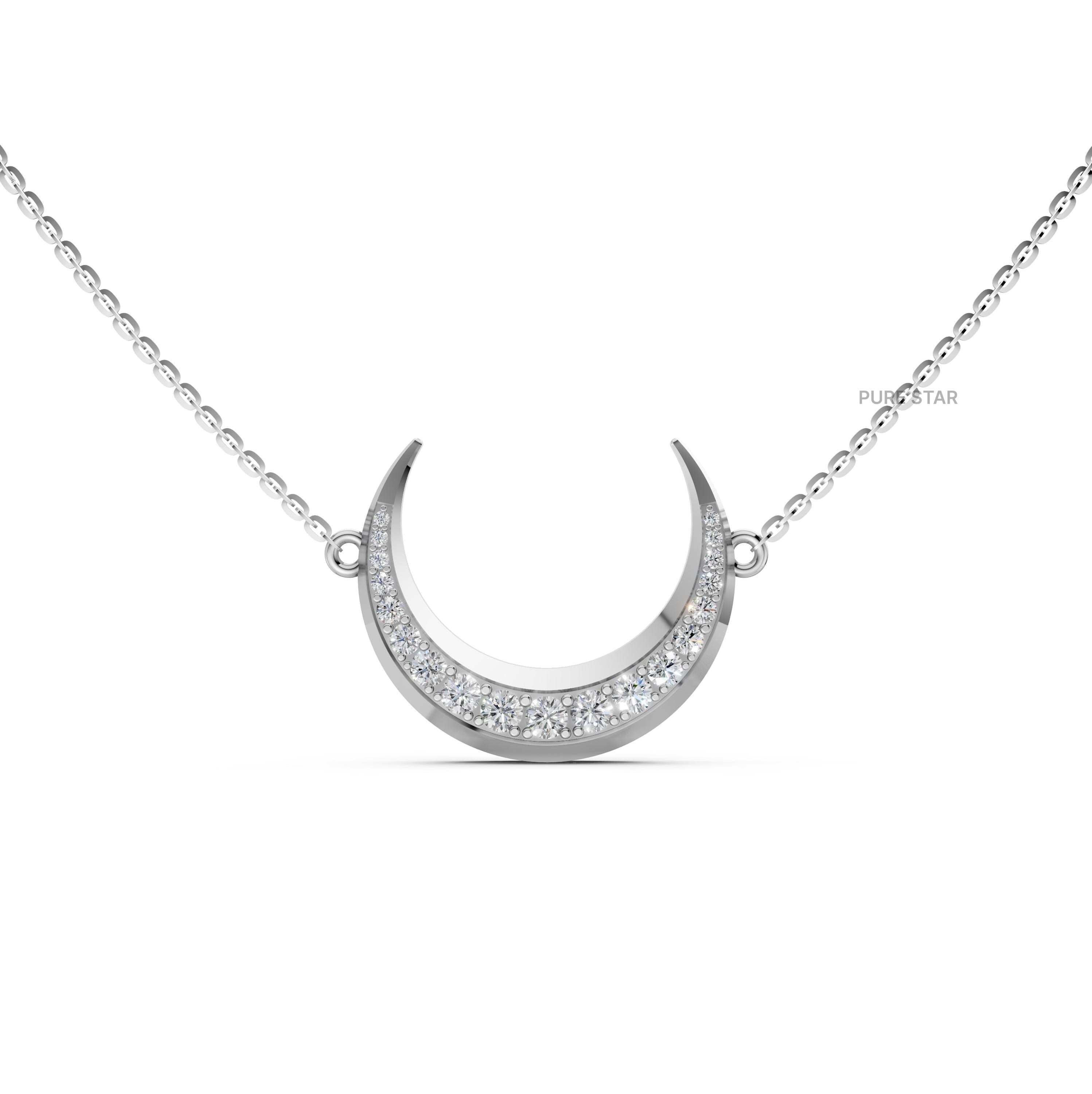 14k Gold Diamond Crescent Moon Necklace: Lab Grown Diamond