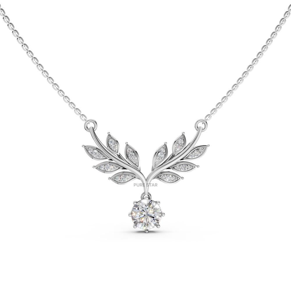 14k Gold Lab Diamond Leaf Necklace: Art Deco Pendant