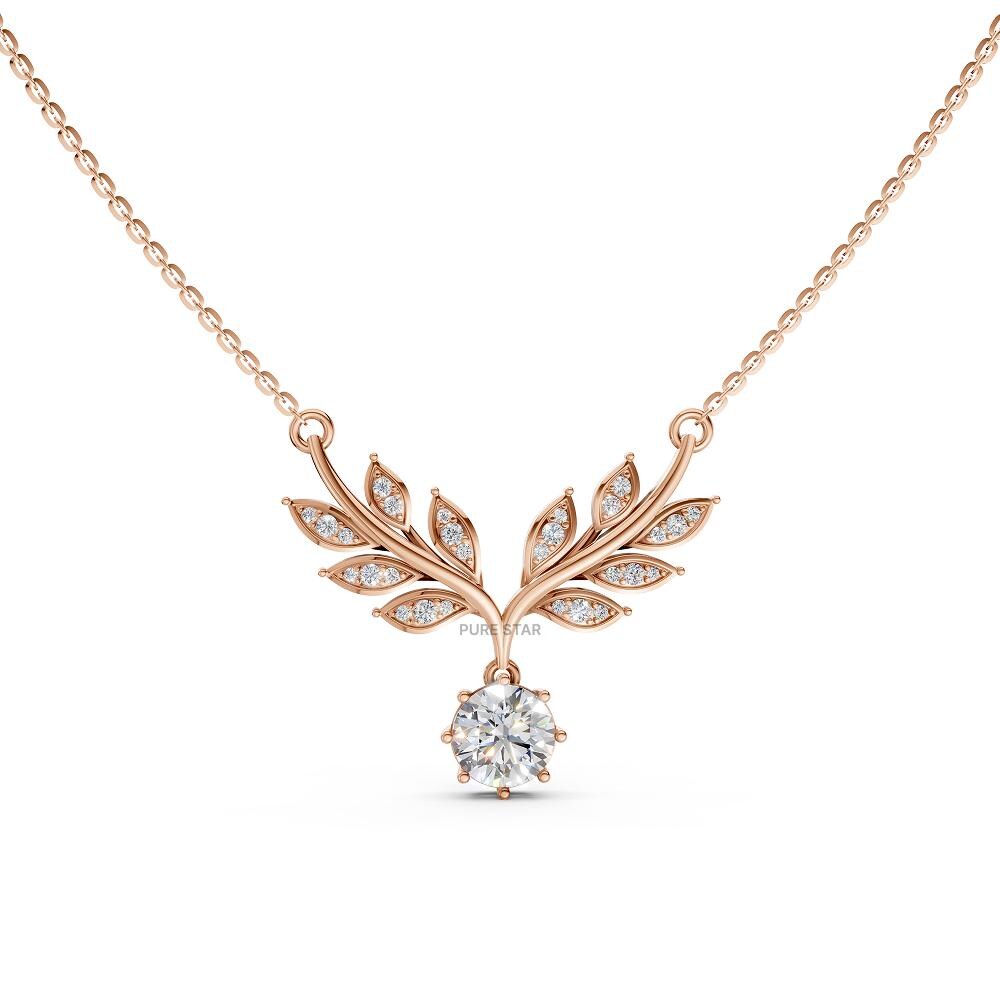 14k Gold Lab Diamond Leaf Necklace: Art Deco Pendant