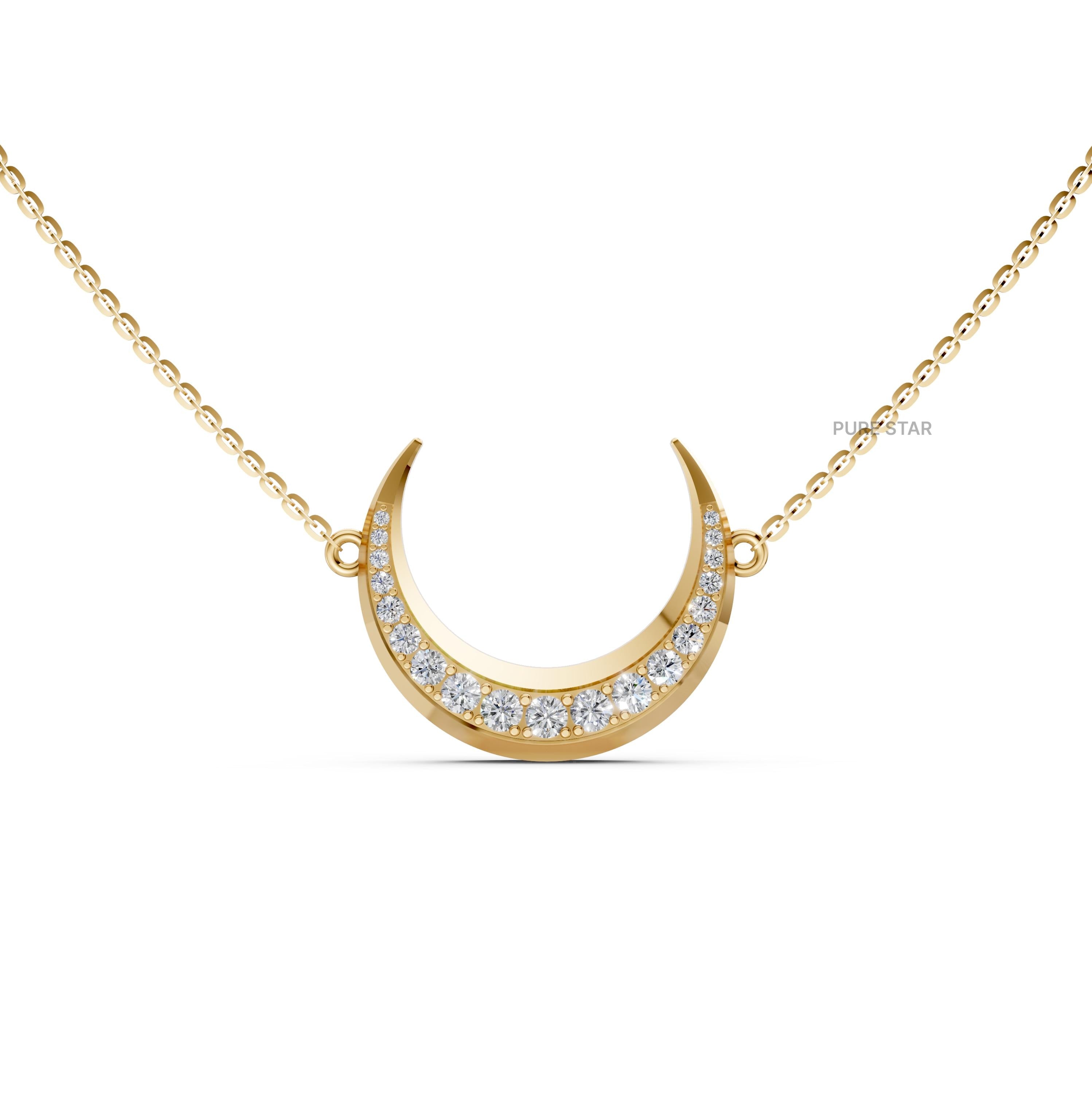 14k Gold Diamond Crescent Moon Necklace: Lab Grown Diamond