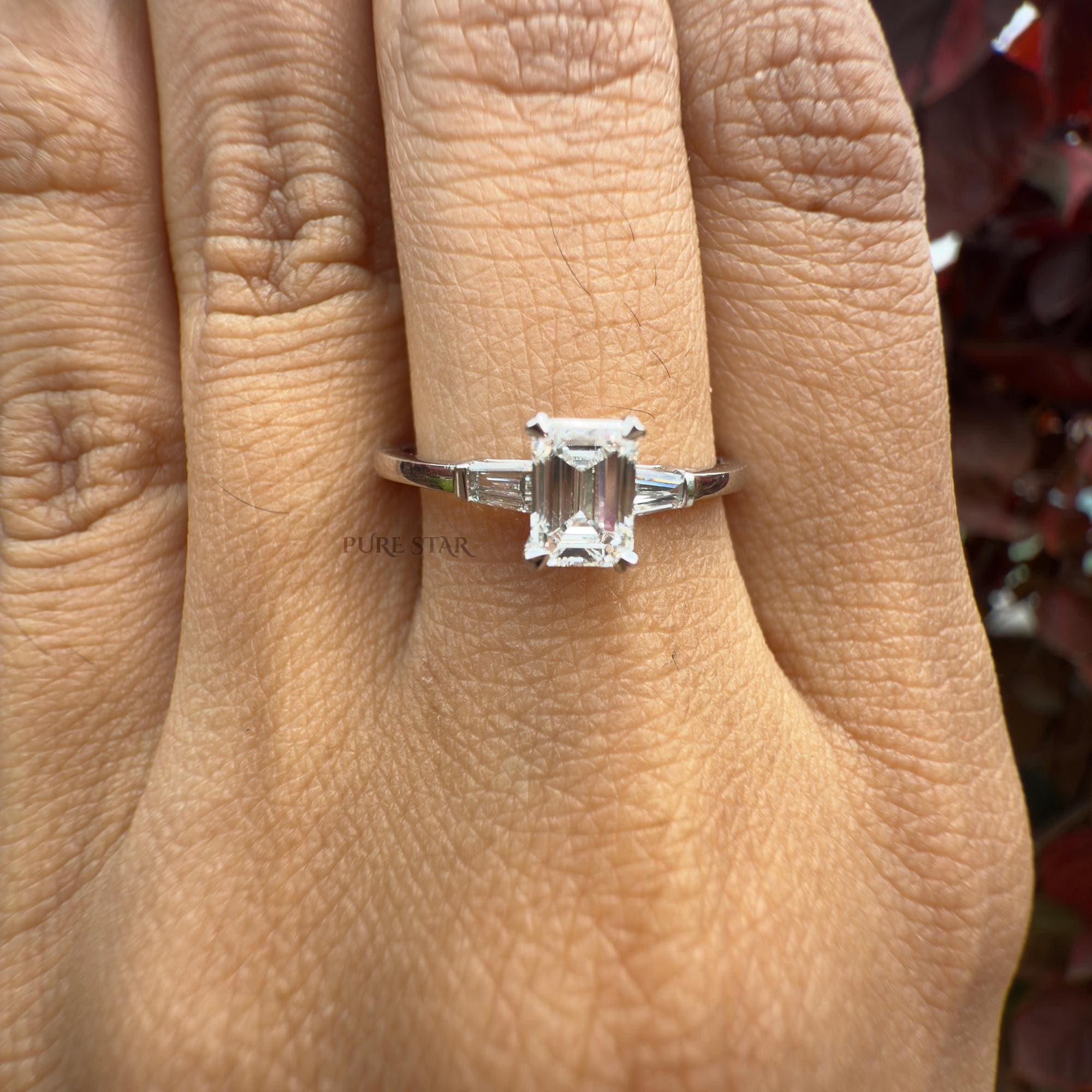 Emerald Cut Lab Grown Diamond Three Stone Ring 0.50CT with Tapered Baguettes, IGI Certified 14K Gold Proposal and Anniversary Gift for Her