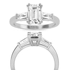 IGI Certified  Emerald Cut Lab Grown Diamond Engagement Ring, Side Baguettes 14k Rose Gold, Three Stone Wedding Ring