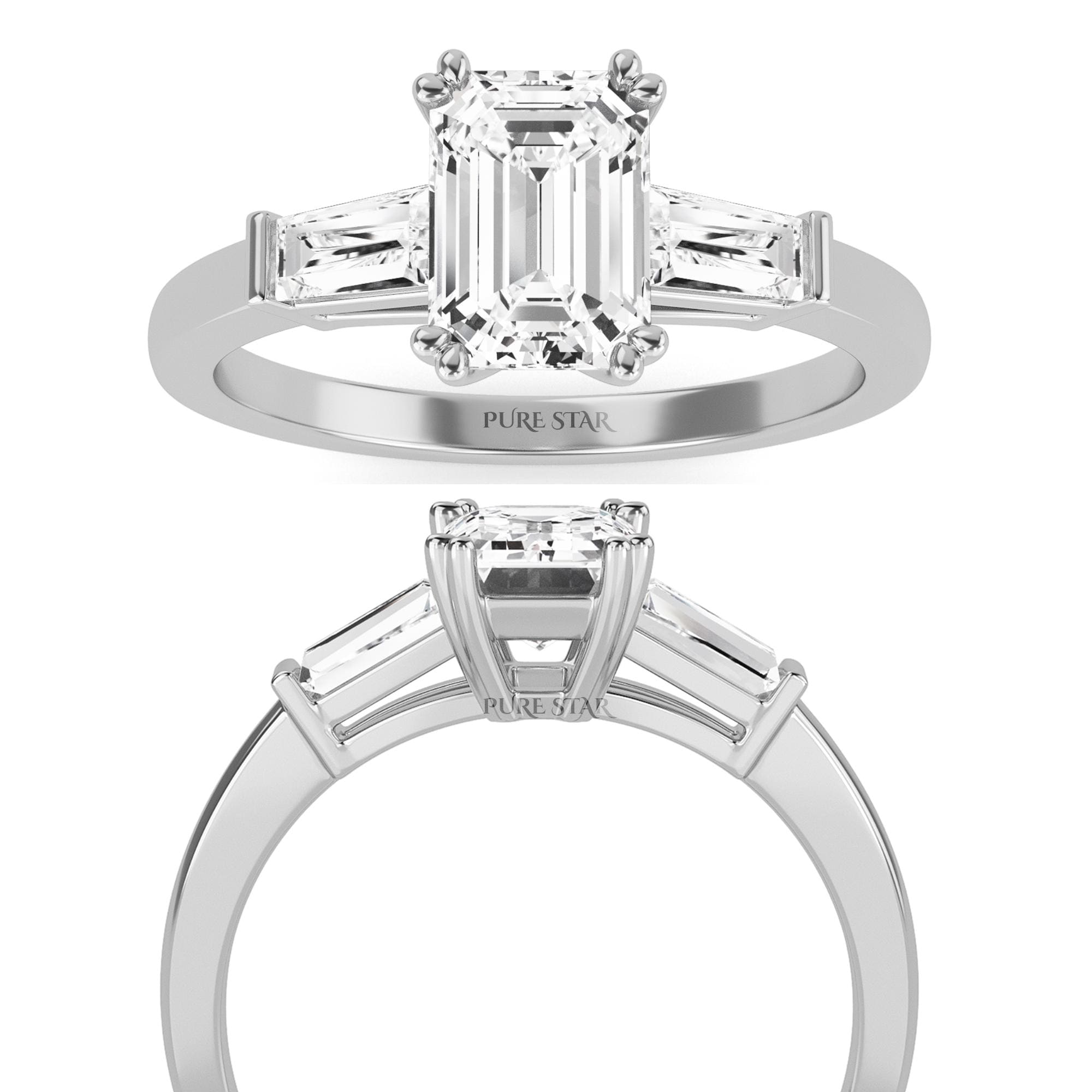 IGI Certified  Emerald Cut Lab Grown Diamond Engagement Ring, Side Baguettes 14k Rose Gold, Three Stone Wedding Ring