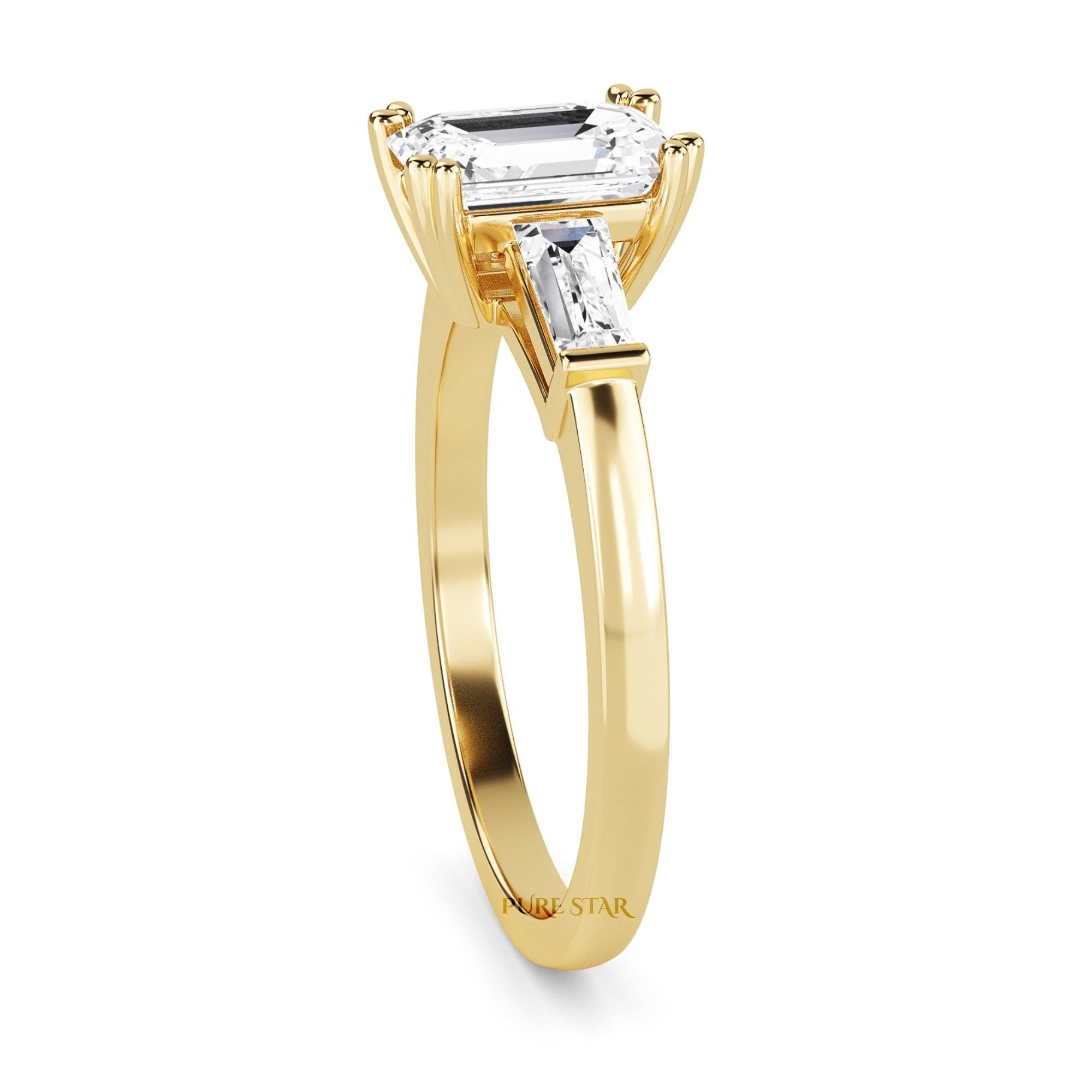 IGI Certified  Emerald Cut Lab Grown Diamond Engagement Ring, Side Baguettes 14k Rose Gold, Three Stone Wedding Ring