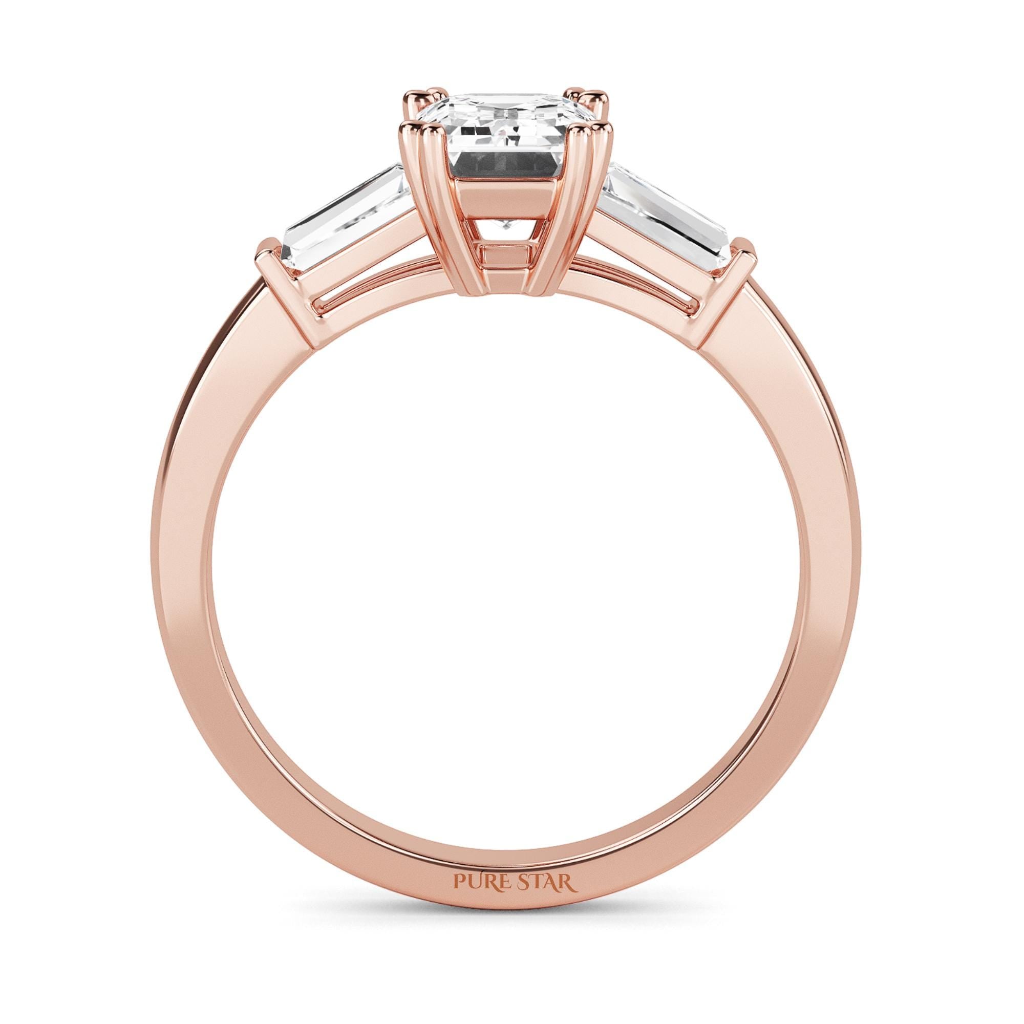 IGI Certified  Emerald Cut Lab Grown Diamond Engagement Ring, Side Baguettes 14k Rose Gold, Three Stone Wedding Ring