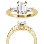 IGI Certified  Emerald Cut Lab Grown Diamond Engagement Ring, Side Baguettes 14k Rose Gold, Three Stone Wedding Ring