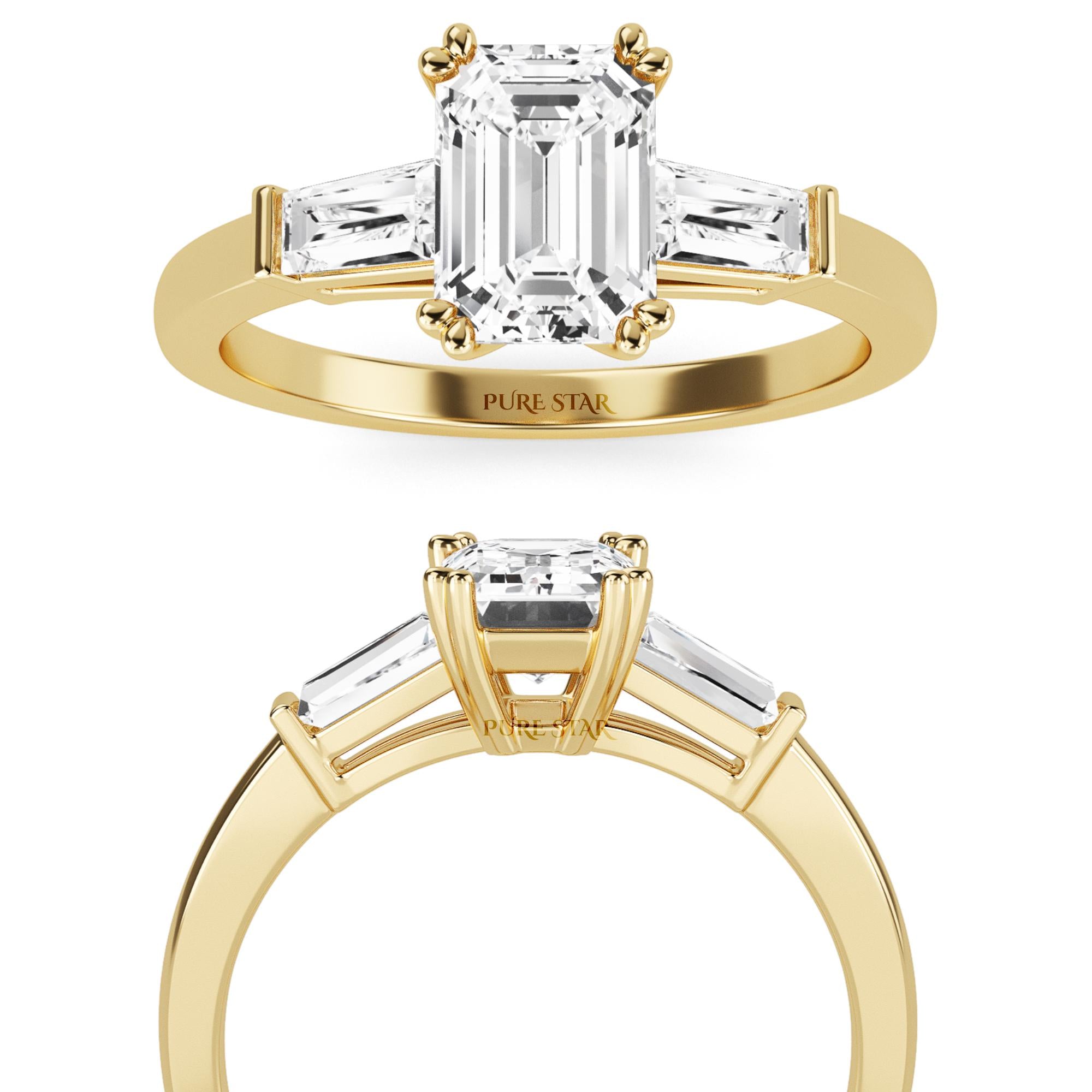 IGI Certified  Emerald Cut Lab Grown Diamond Engagement Ring, Side Baguettes 14k Rose Gold, Three Stone Wedding Ring