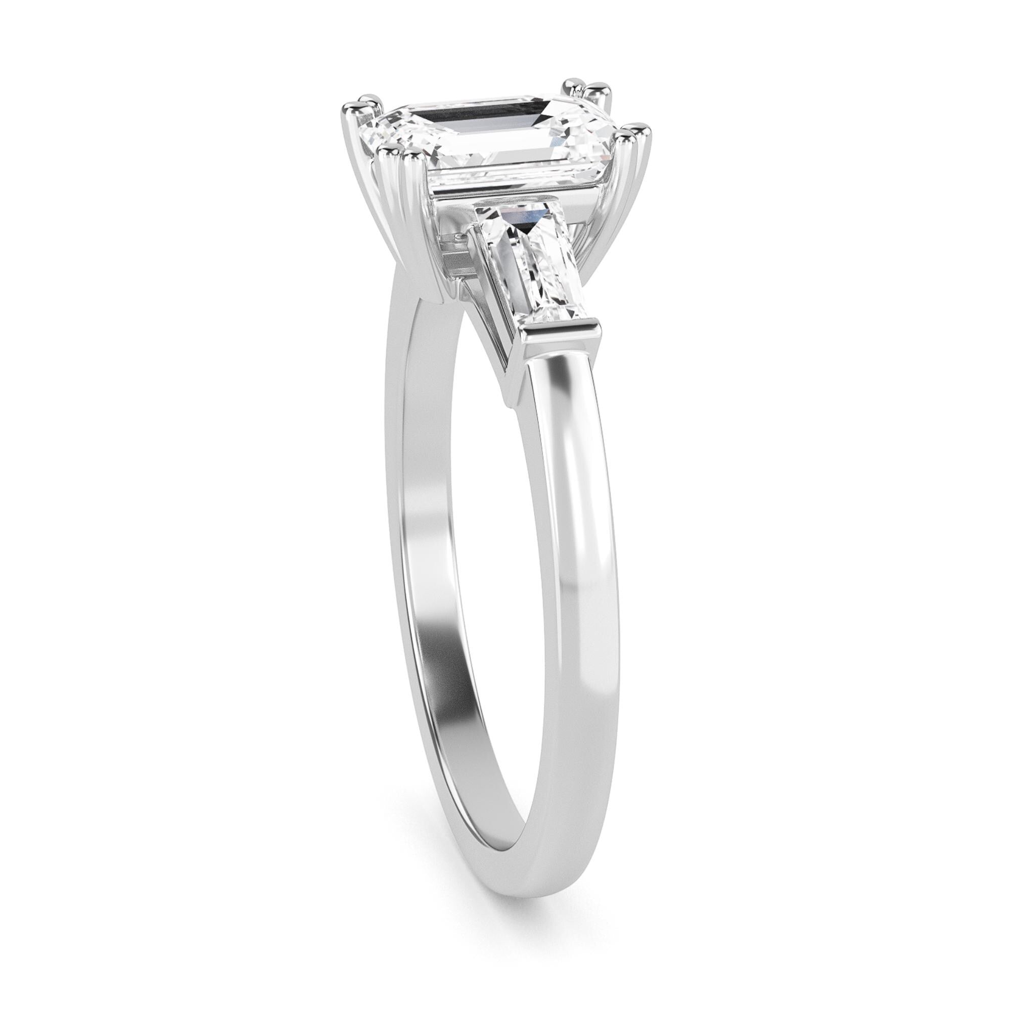 IGI Certified  Emerald Cut Lab Grown Diamond Engagement Ring, Side Baguettes 14k Rose Gold, Three Stone Wedding Ring
