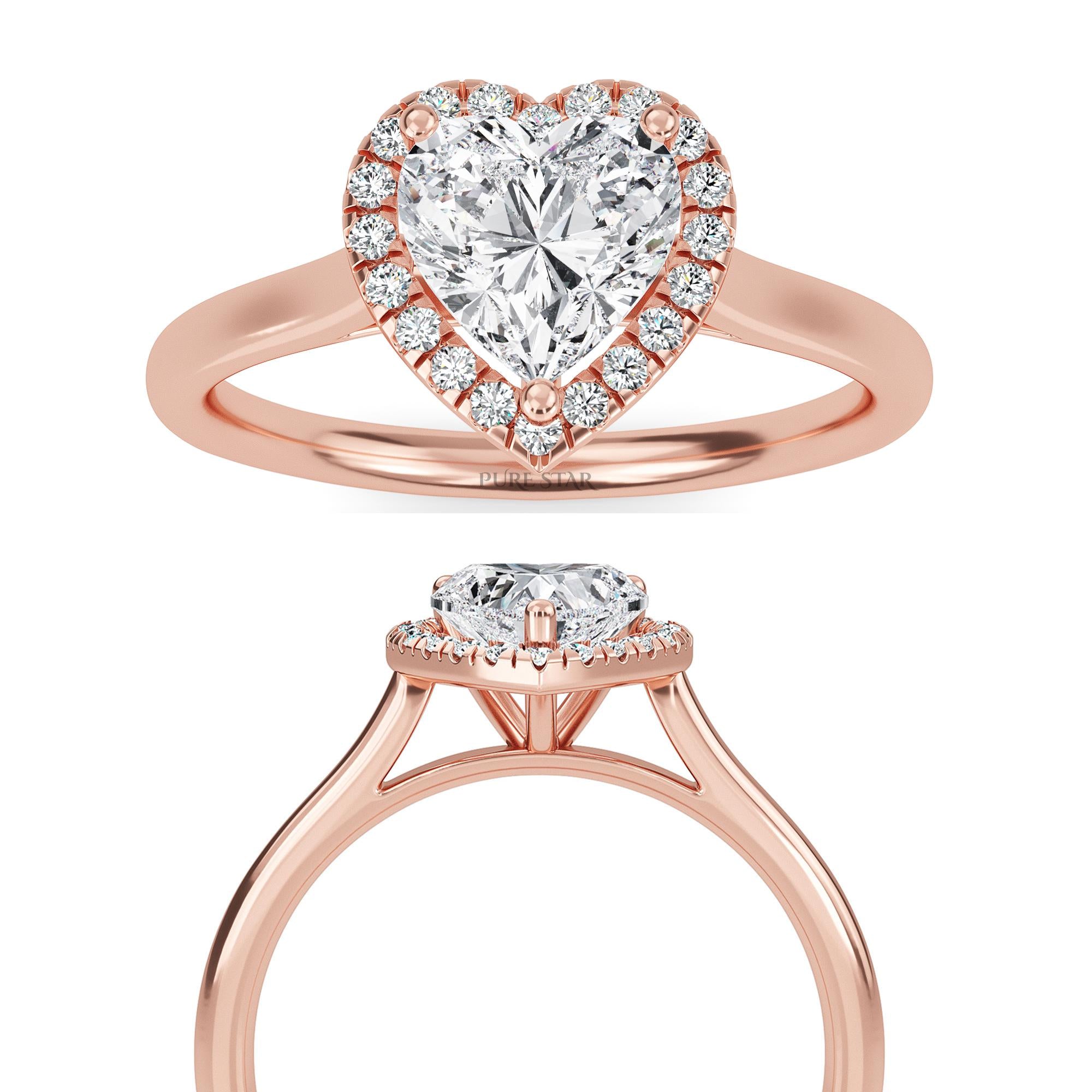 Heart Cut Lab Grown Diamond Ring | Halo Engagement Ring for Women | Romantic Luxury Jewelry in Solid Gold
