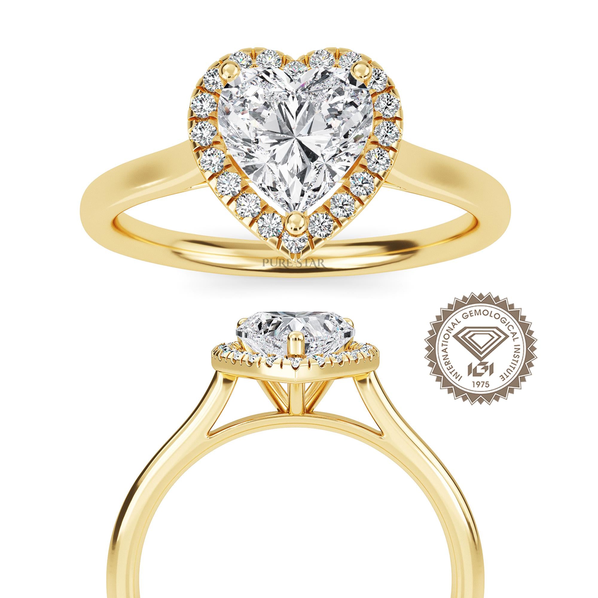 Heart Cut Lab Grown Diamond Ring | Halo Engagement Ring for Women | Romantic Luxury Jewelry in Solid Gold