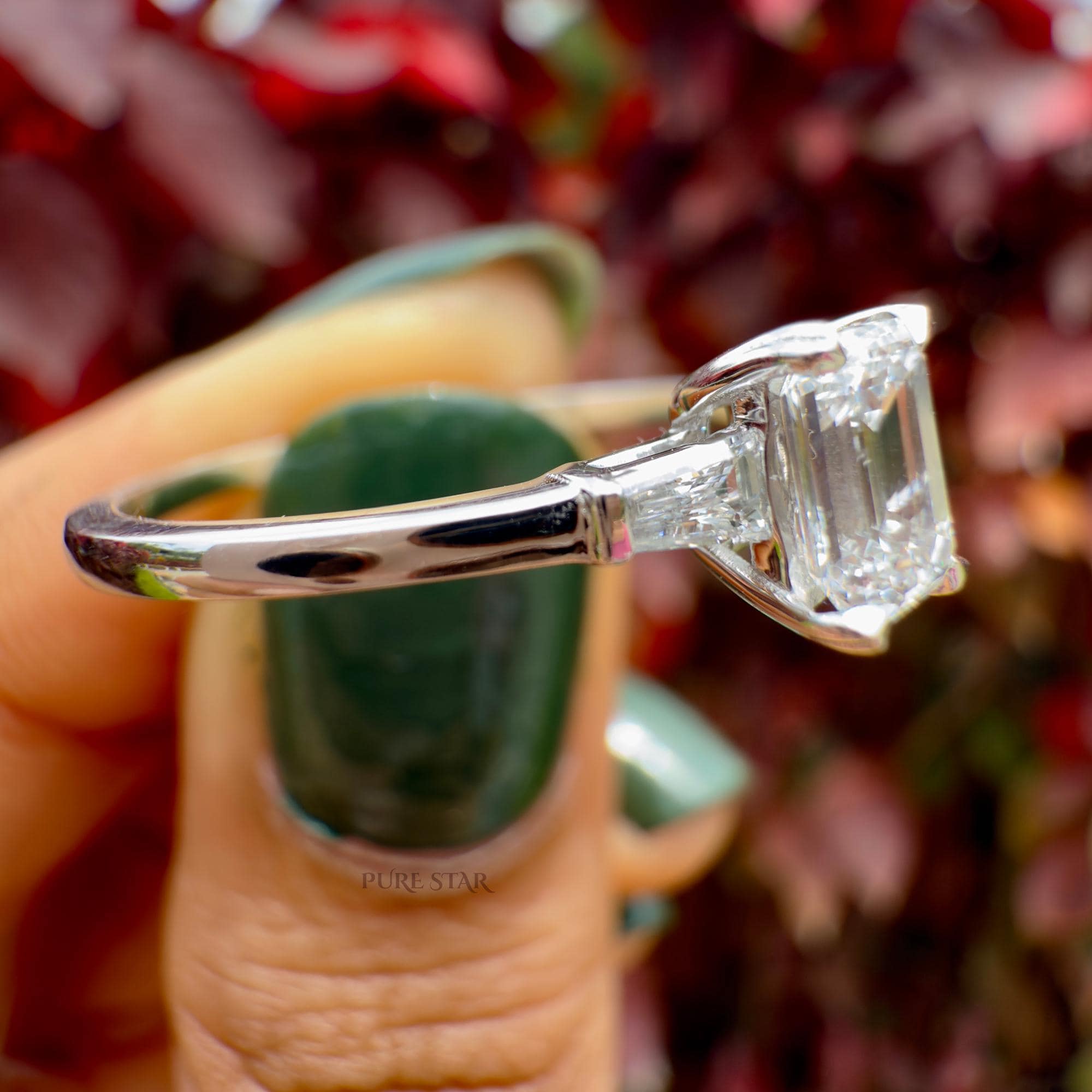 Emerald Cut Lab Grown Diamond Three Stone Ring 0.50CT with Tapered Baguettes, IGI Certified 14K Gold Proposal and Anniversary Gift for Her