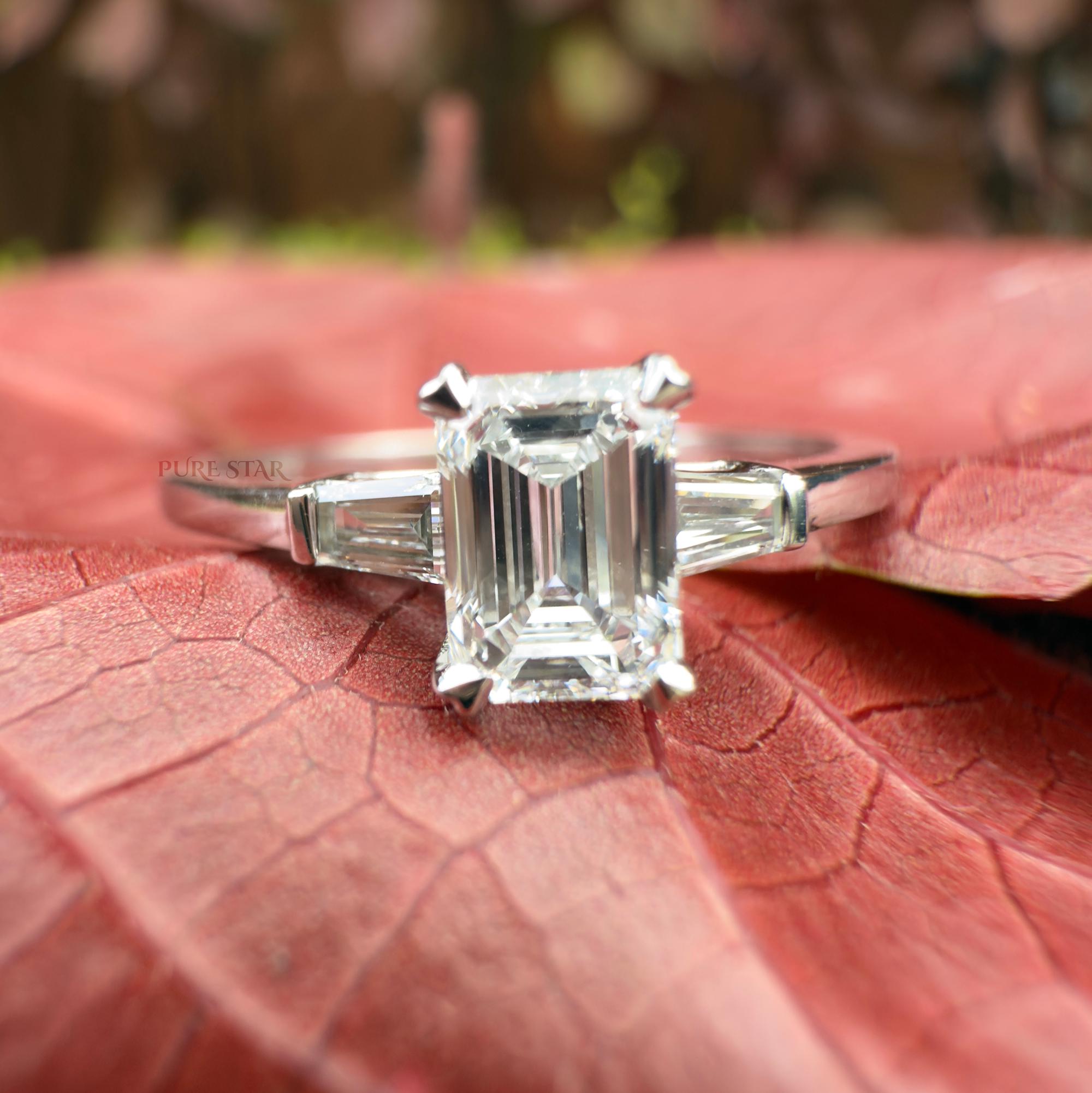 Emerald Cut Lab Grown Diamond Three Stone Ring 0.50CT with Tapered Baguettes, IGI Certified 14K Gold Proposal and Anniversary Gift for Her