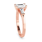 IGI Certified  Emerald Cut Lab Grown Diamond Engagement Ring, Side Baguettes 14k Rose Gold, Three Stone Wedding Ring