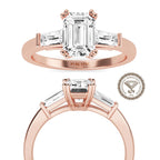 IGI Certified  Emerald Cut Lab Grown Diamond Engagement Ring, Side Baguettes 14k Rose Gold, Three Stone Wedding Ring