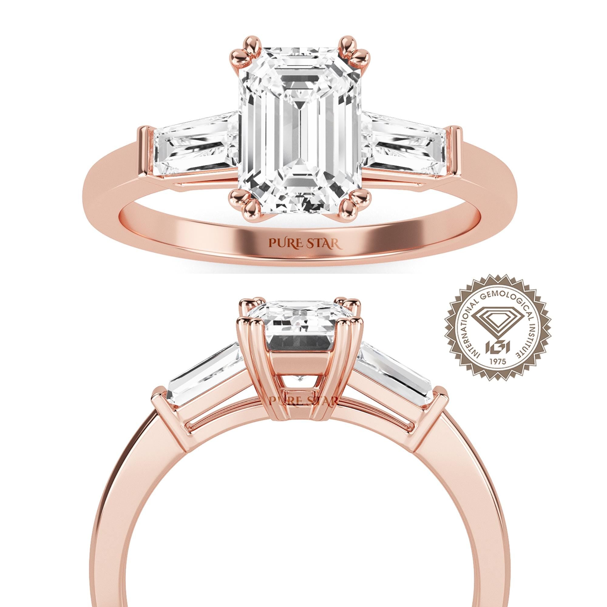 IGI Certified  Emerald Cut Lab Grown Diamond Engagement Ring, Side Baguettes 14k Rose Gold, Three Stone Wedding Ring