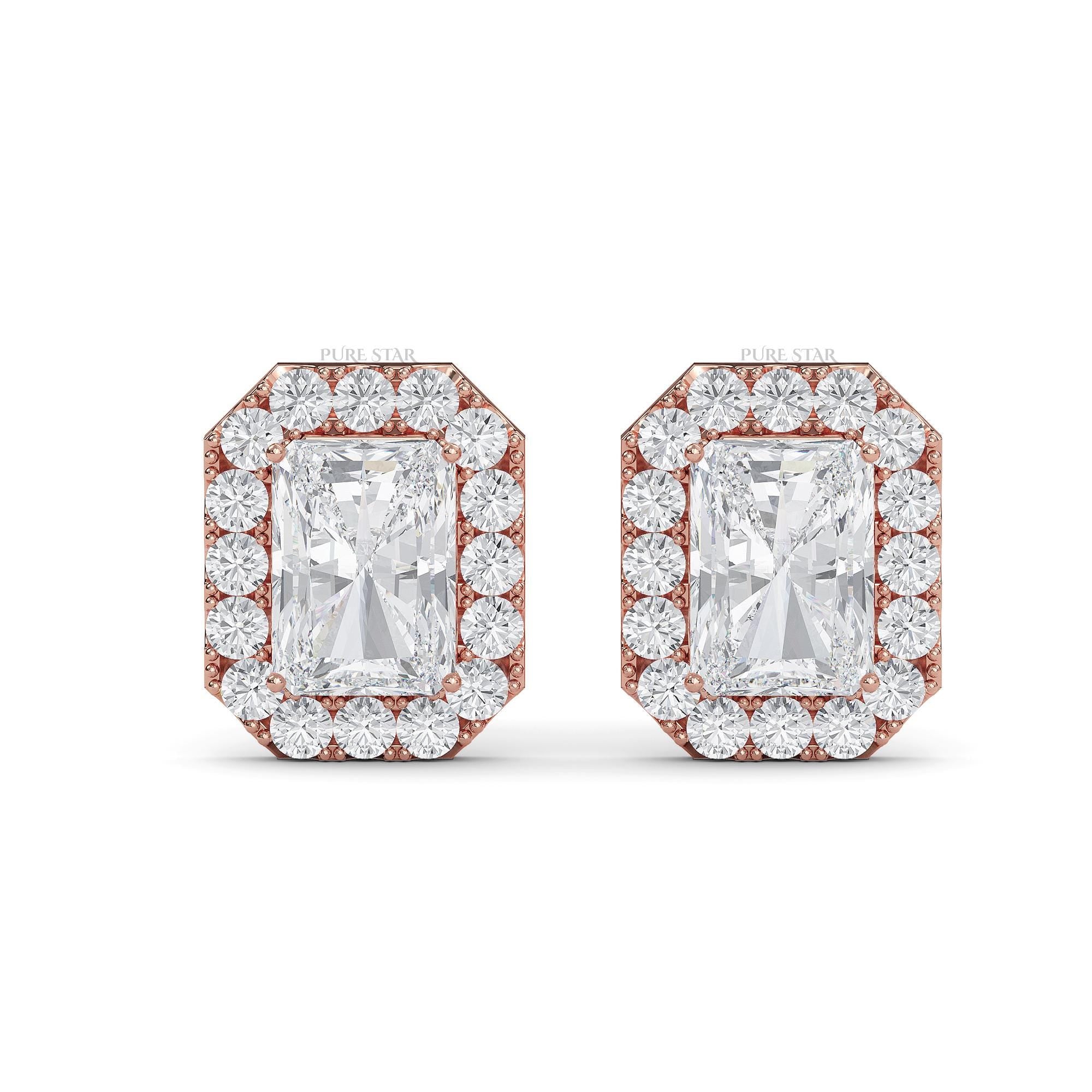 Radiant Cut Lab Grown Diamond Stud Earrings | IGI Certified Halo Earrings in Gold | Luxury Gift for Women