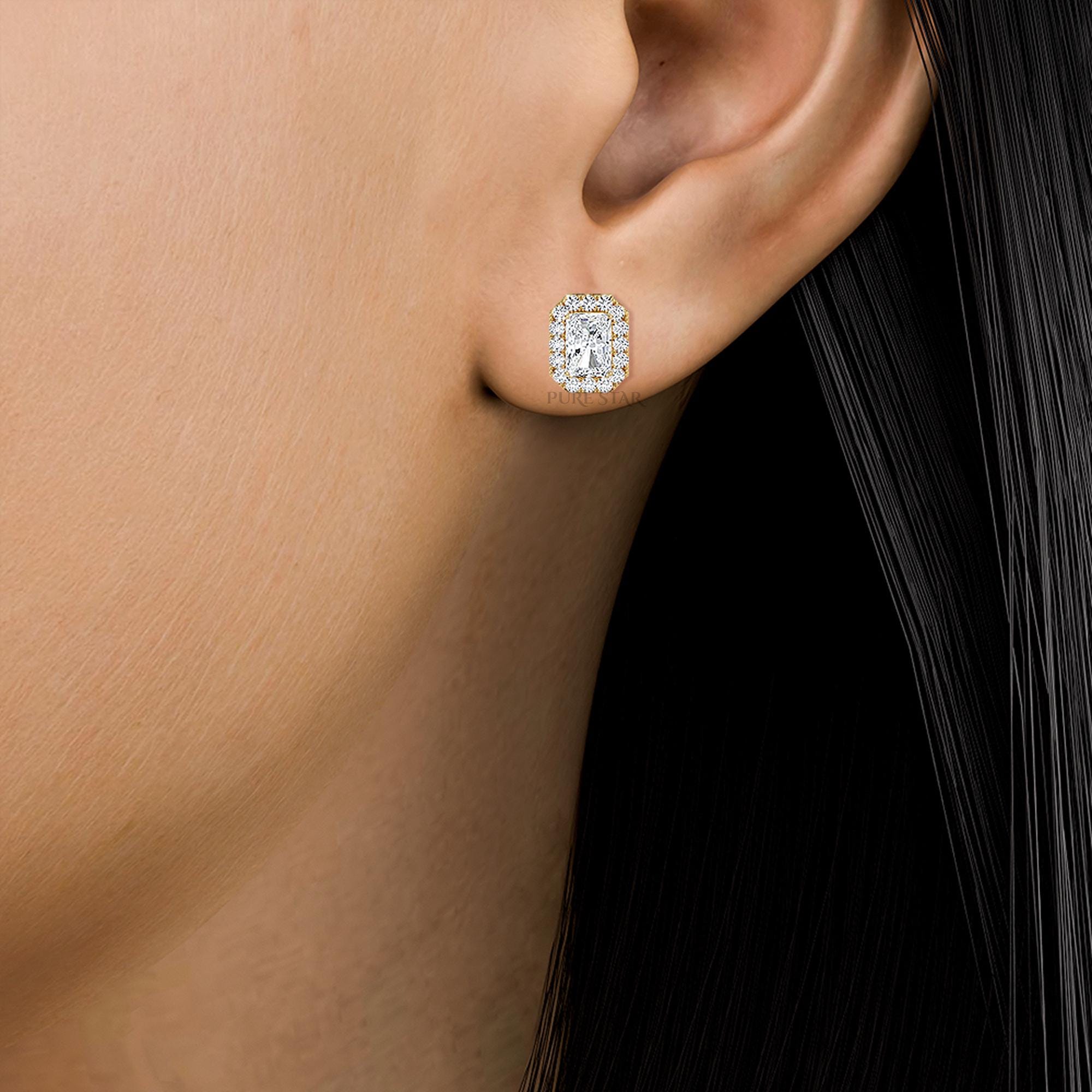 Radiant Cut Lab Grown Diamond Stud Earrings | IGI Certified Halo Earrings in Gold | Luxury Gift for Women