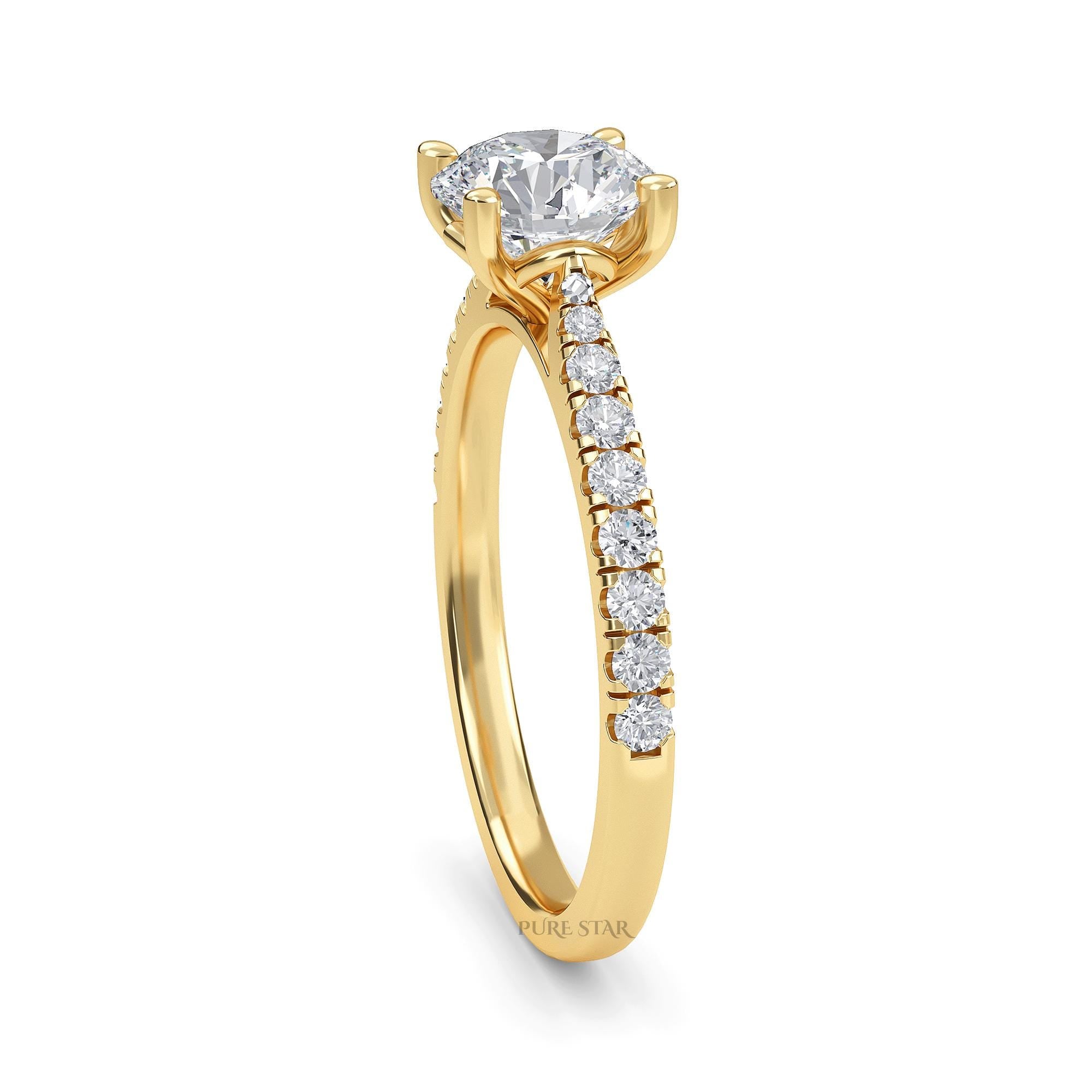 Round Halo Engagement Ring 14K Solid Yellow Gold Ring, Lab Grown Diamond Engagement Ring, Halo Bridal Ring, Proposal Ring for Her