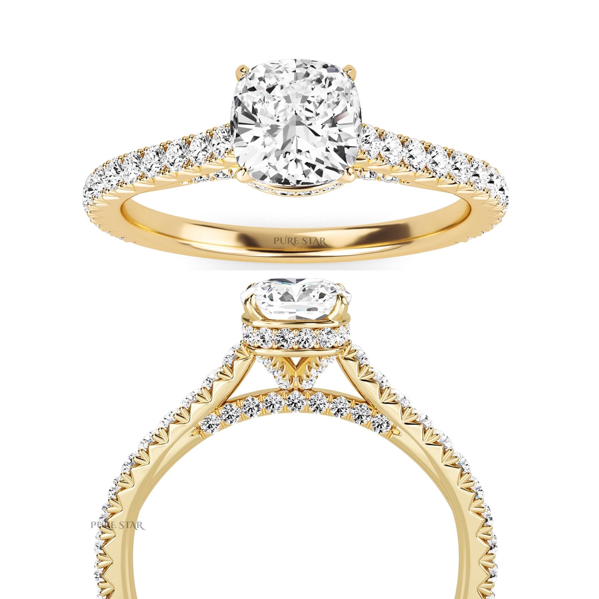 2 carat DE Color VVSVS Clarity IGI Certified Cushion Cut Lab Grown Diamond Hidden Halo Engagement Ring Set, Matching Diamond Band For Her