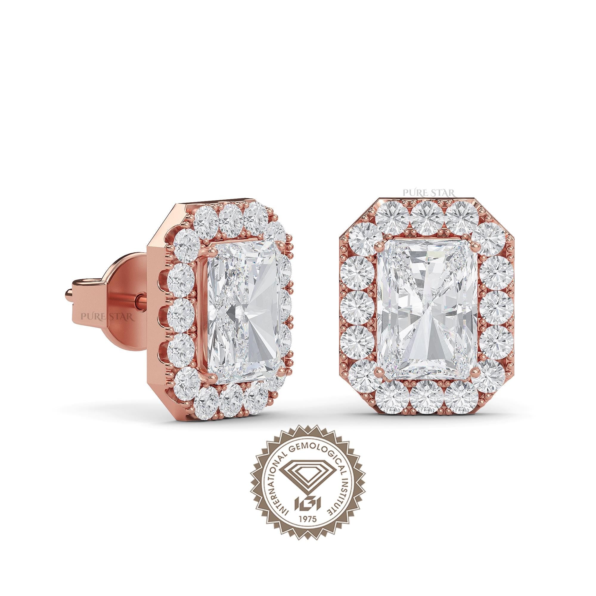 Radiant Cut Lab Grown Diamond Stud Earrings | IGI Certified Halo Earrings in Gold | Luxury Gift for Women