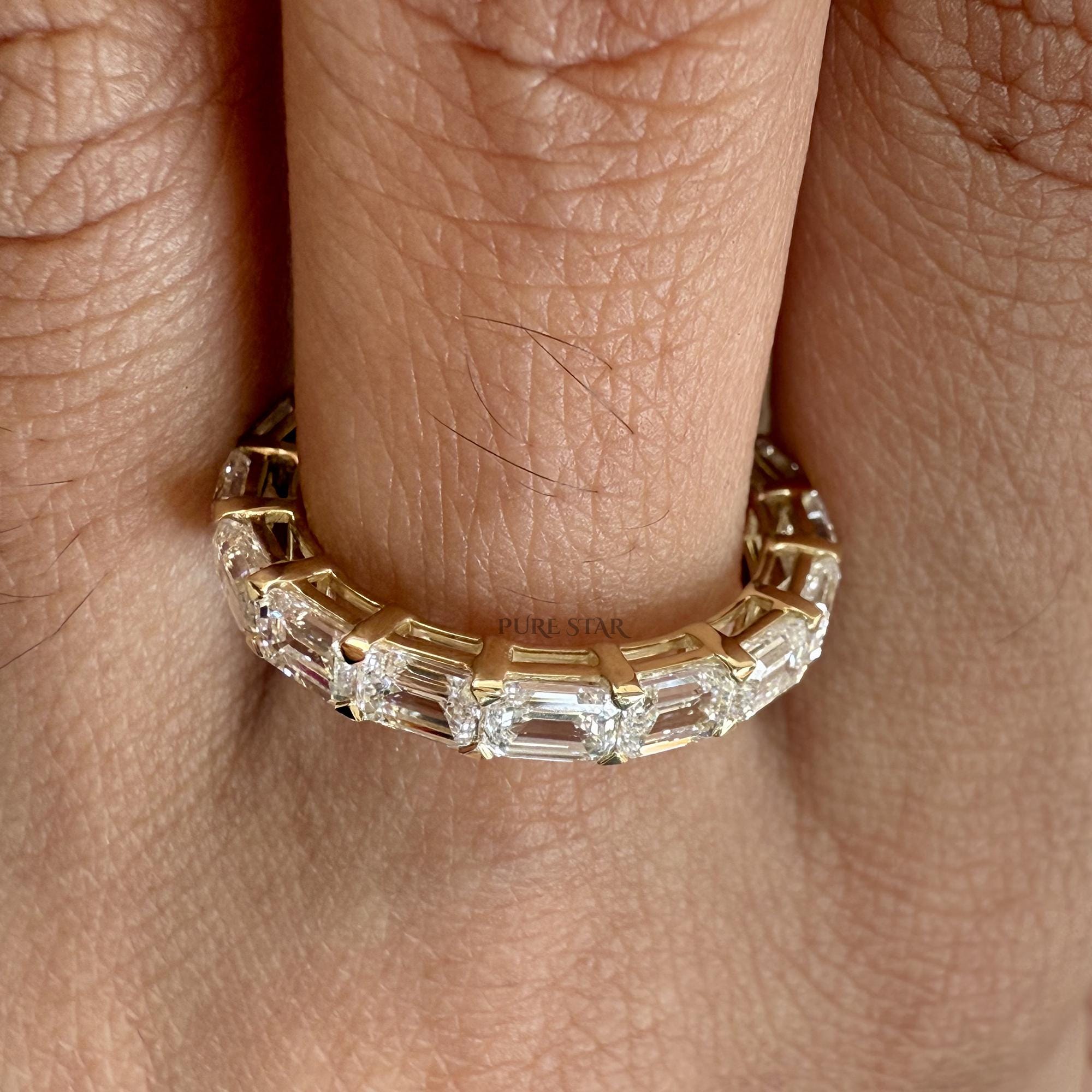 East West Set Emerald Cut Lab Grown Diamond Wedding Band, Shared Prong Diamond Band, Anniversary Band, Full Eternity Stackable Bridal Band