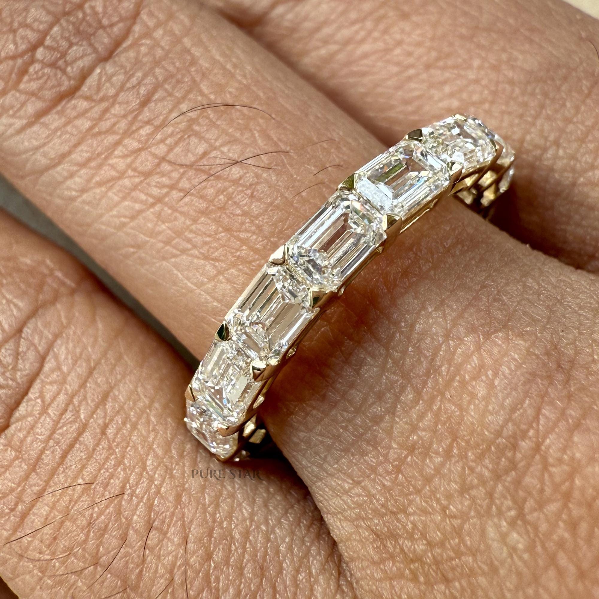 East West Set Emerald Cut Lab Grown Diamond Wedding Band, Shared Prong Diamond Band, Anniversary Band, Full Eternity Stackable Bridal Band