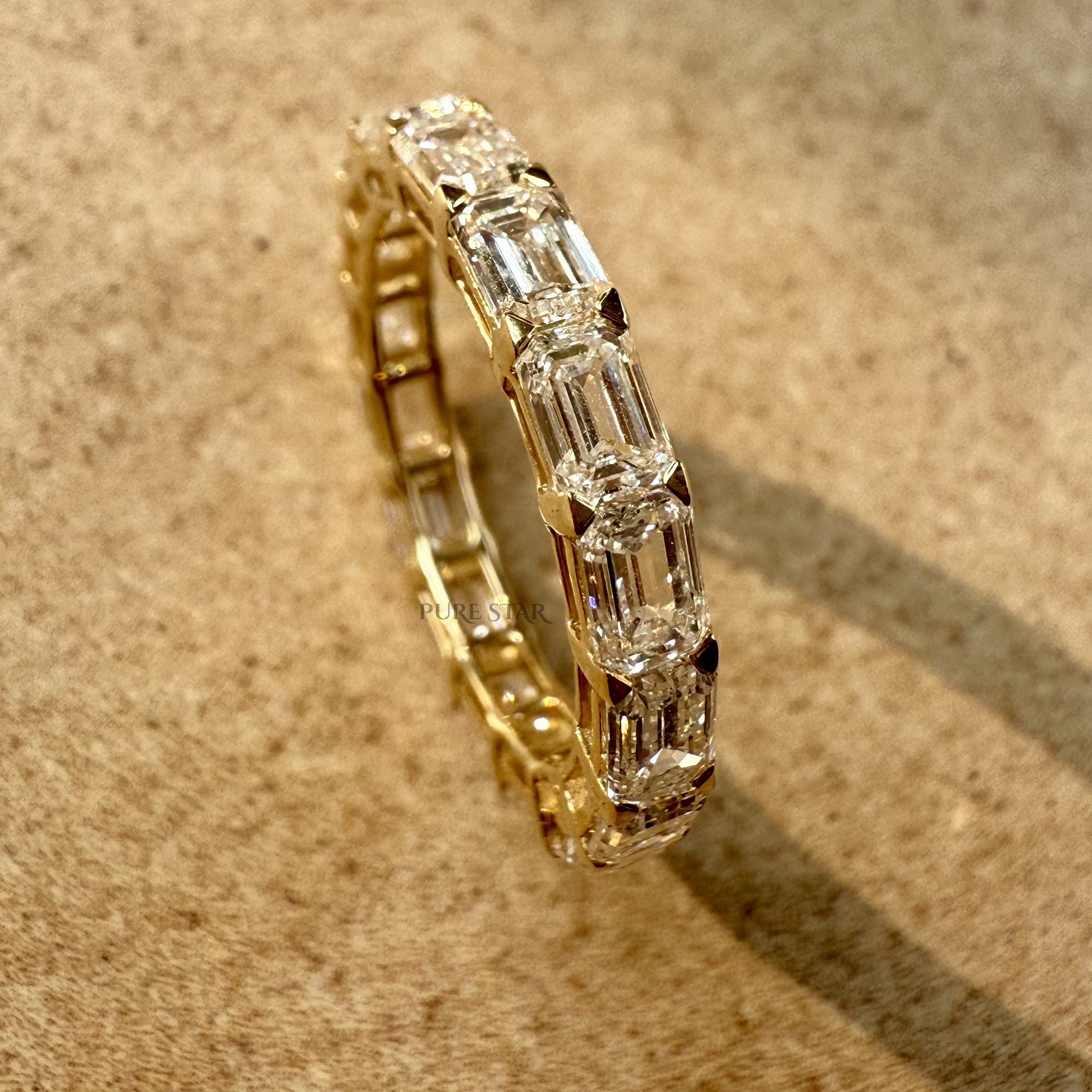 East West Set Emerald Cut Lab Grown Diamond Wedding Band, Shared Prong Diamond Band, Anniversary Band, Full Eternity Stackable Bridal Band