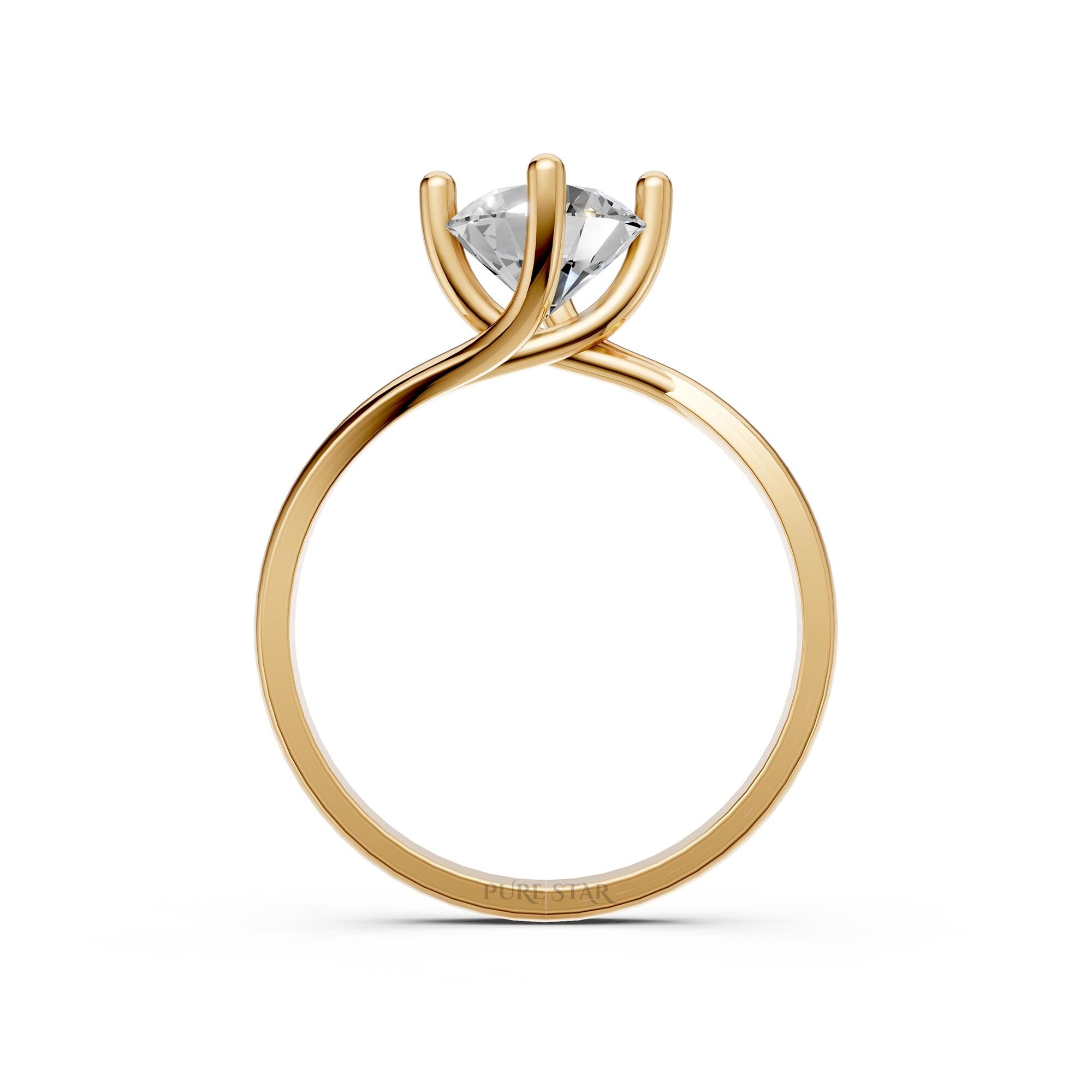Diamond Solitaire Engagement Ring, Yellow Gold Lab Grown Round Ring, Brilliant Cut Solitaire Ring, Wide Engagement Ring, Anniversary Gift