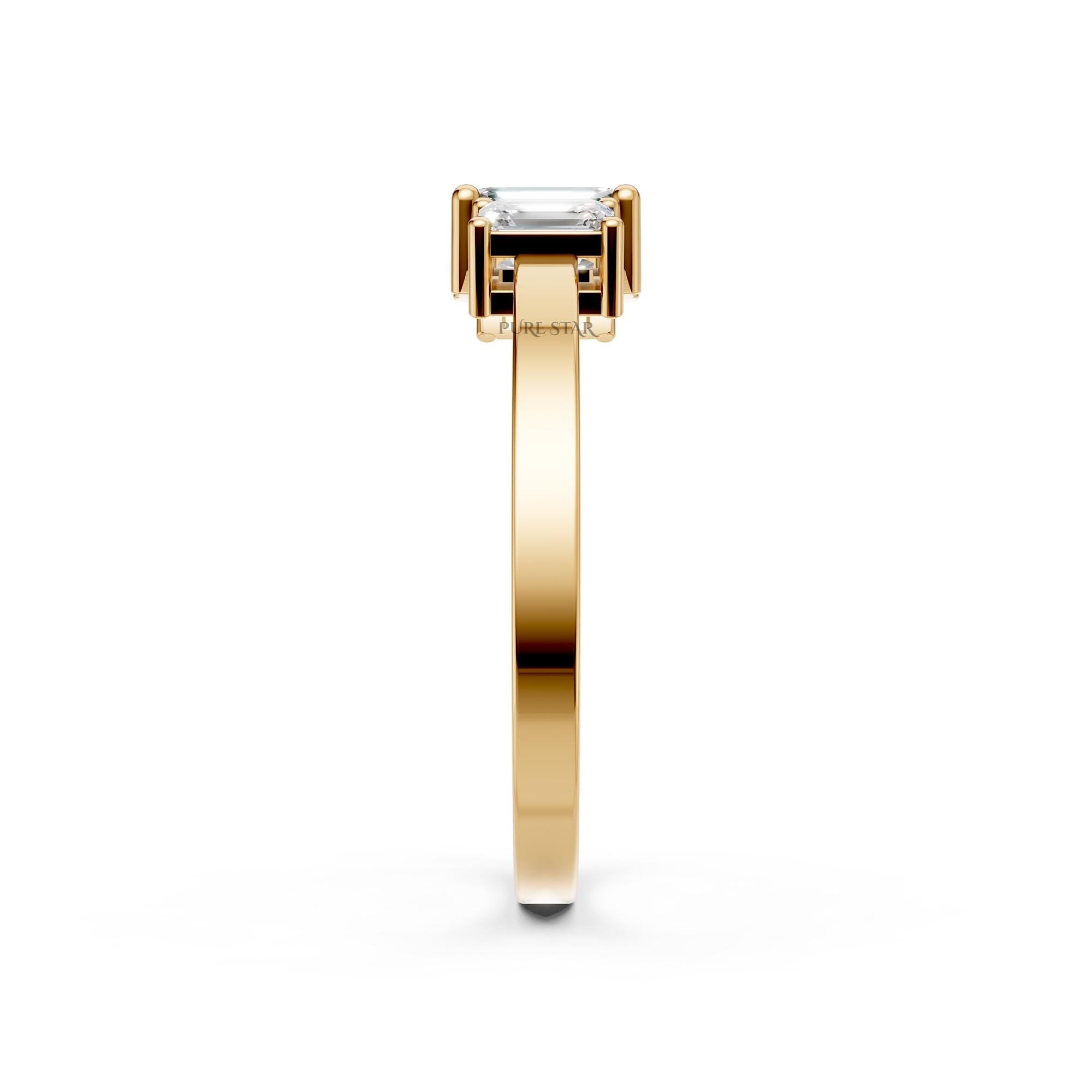 14K Yellow Gold Three Stone Emerald Cut Lab Grown Diamond Engagement Ring, Cathedral Set, IGI Certified