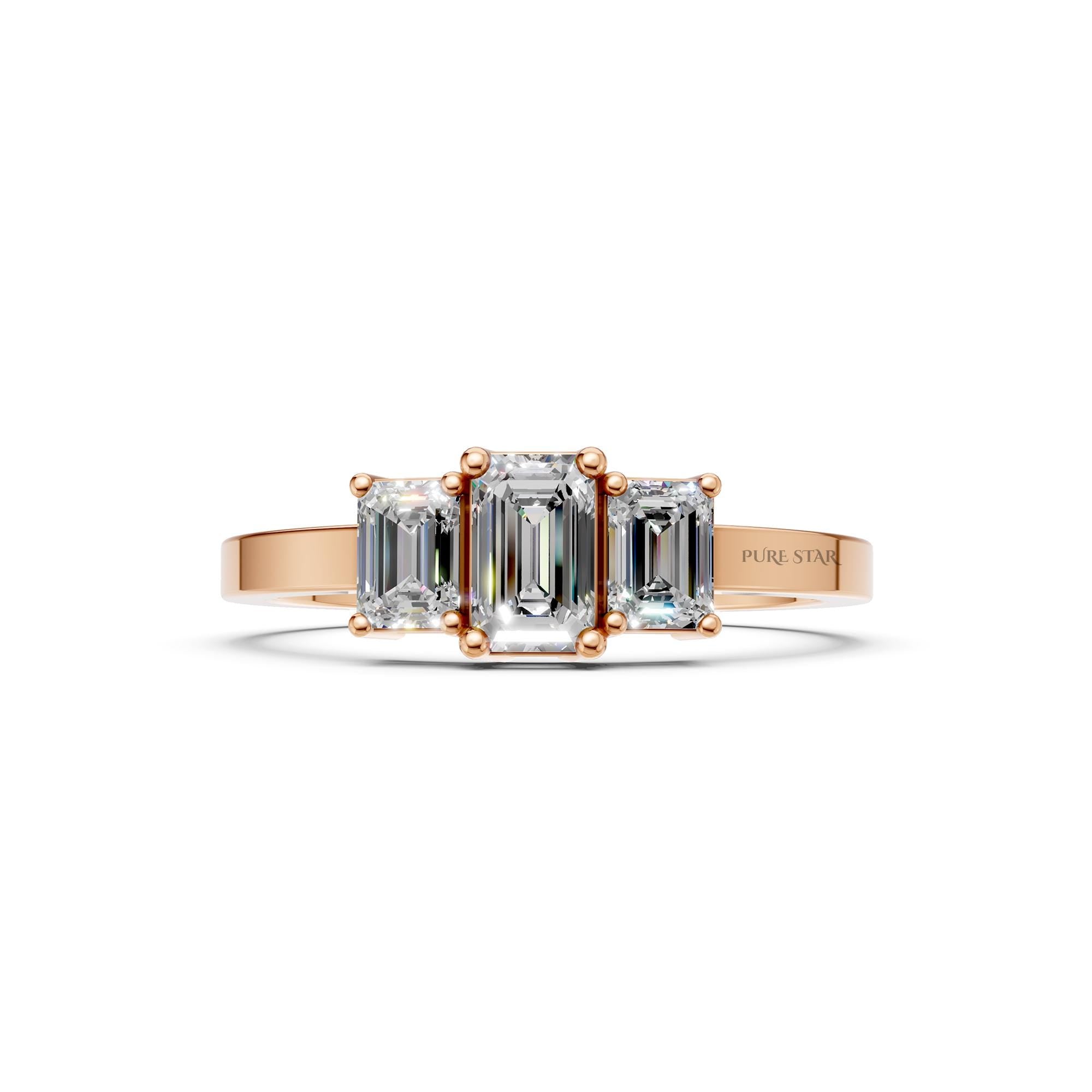 14K Yellow Gold Three Stone Emerald Cut Lab Grown Diamond Engagement Ring, Cathedral Set, IGI Certified