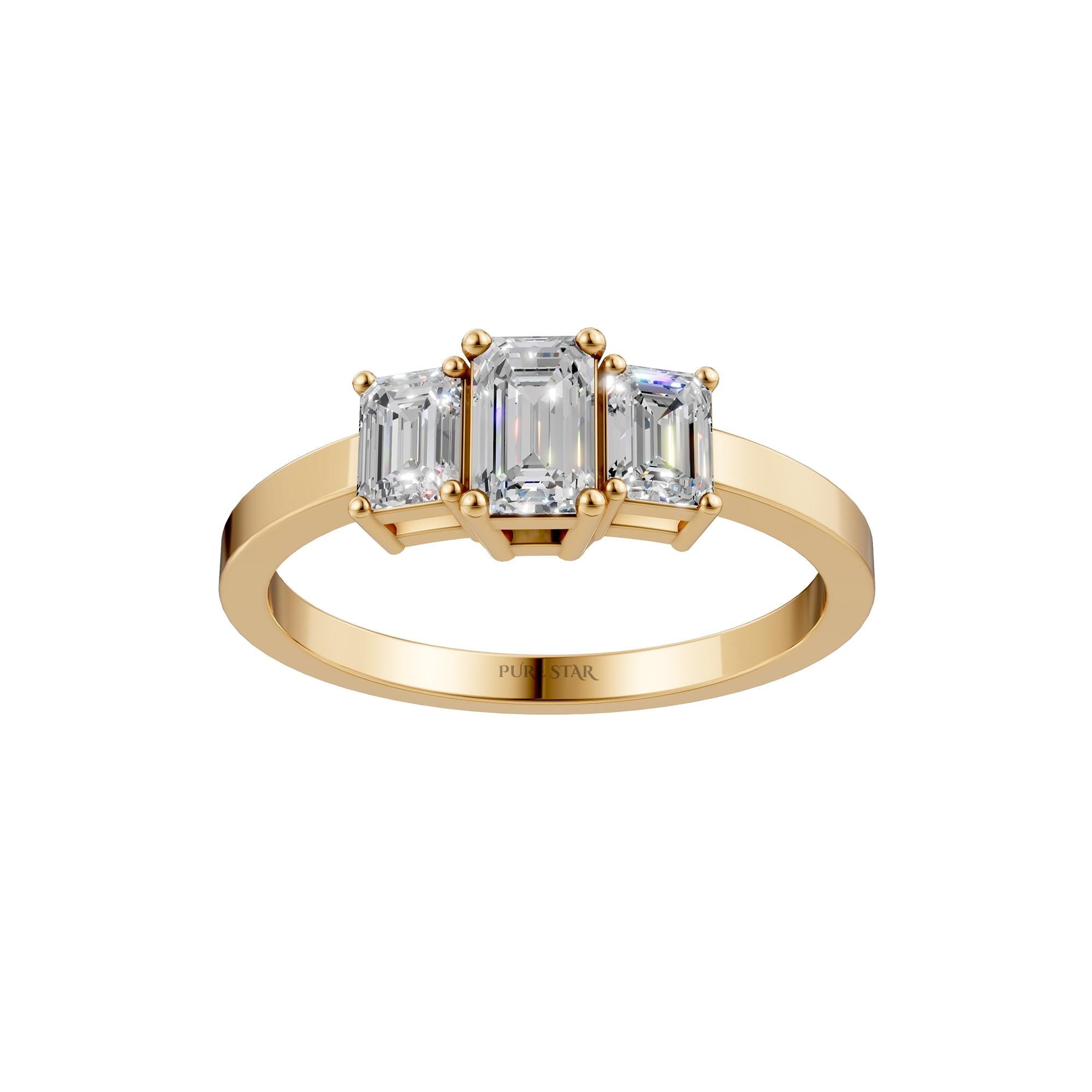 14K Yellow Gold Three Stone Emerald Cut Lab Grown Diamond Engagement Ring, Cathedral Set, IGI Certified