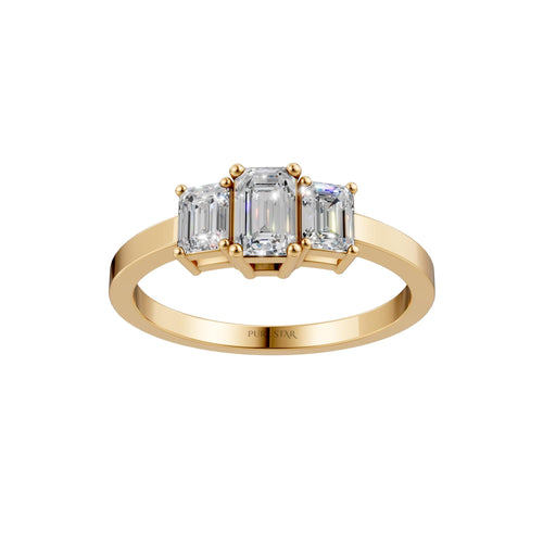 14K Yellow Gold Three Stone Emerald Cut Lab Grown Diamond Engagement Ring, Cathedral Set, IGI Certified