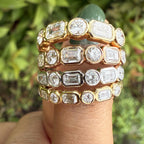 Emerald & Round Cut Bezel Set Half Eternity, Diamond Wedding Band, Gold Lab Grown Diamond Anniversary Ring, Bridal Ring, Gift For Her