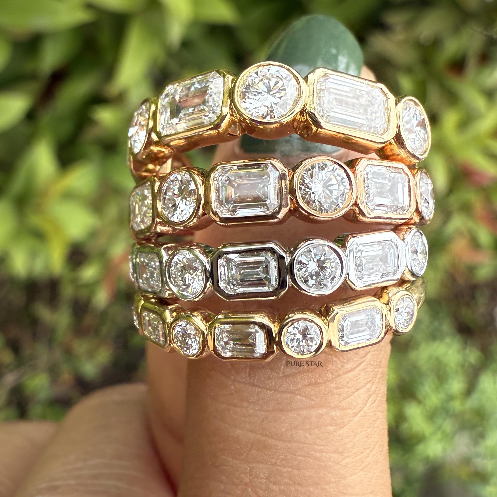 Emerald & Round Cut Bezel Set Half Eternity, Diamond Wedding Band, Gold Lab Grown Diamond Anniversary Ring, Bridal Ring, Gift For Her