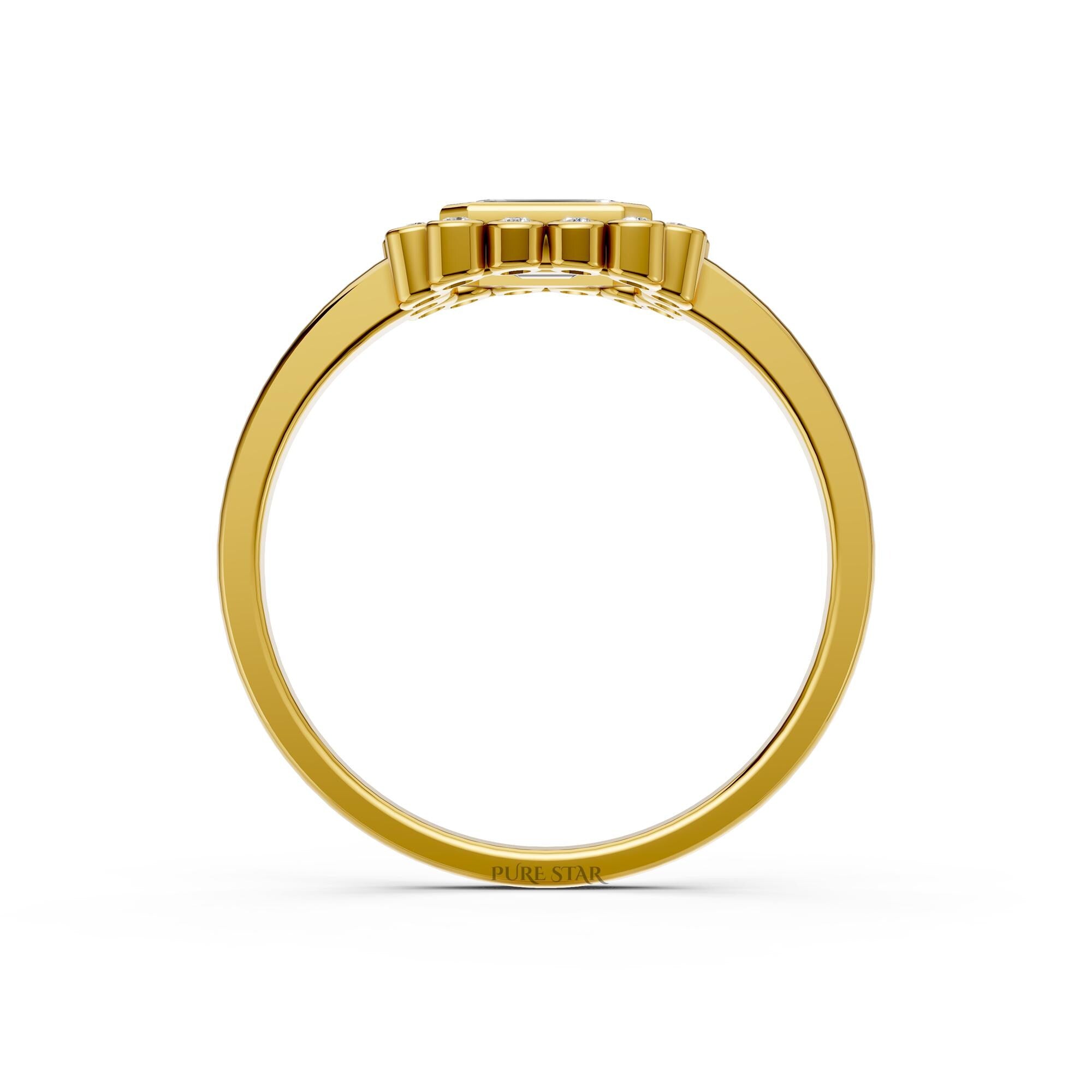 Emerald Cut Bezel Diamond Ring Art Deco Halo Engagement Ring Lab Grown Diamond Round Gold Proposal Ring Gift for Her