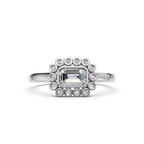Emerald Cut Bezel Diamond Ring Art Deco Halo Engagement Ring Lab Grown Diamond Round Gold Proposal Ring Gift for Her