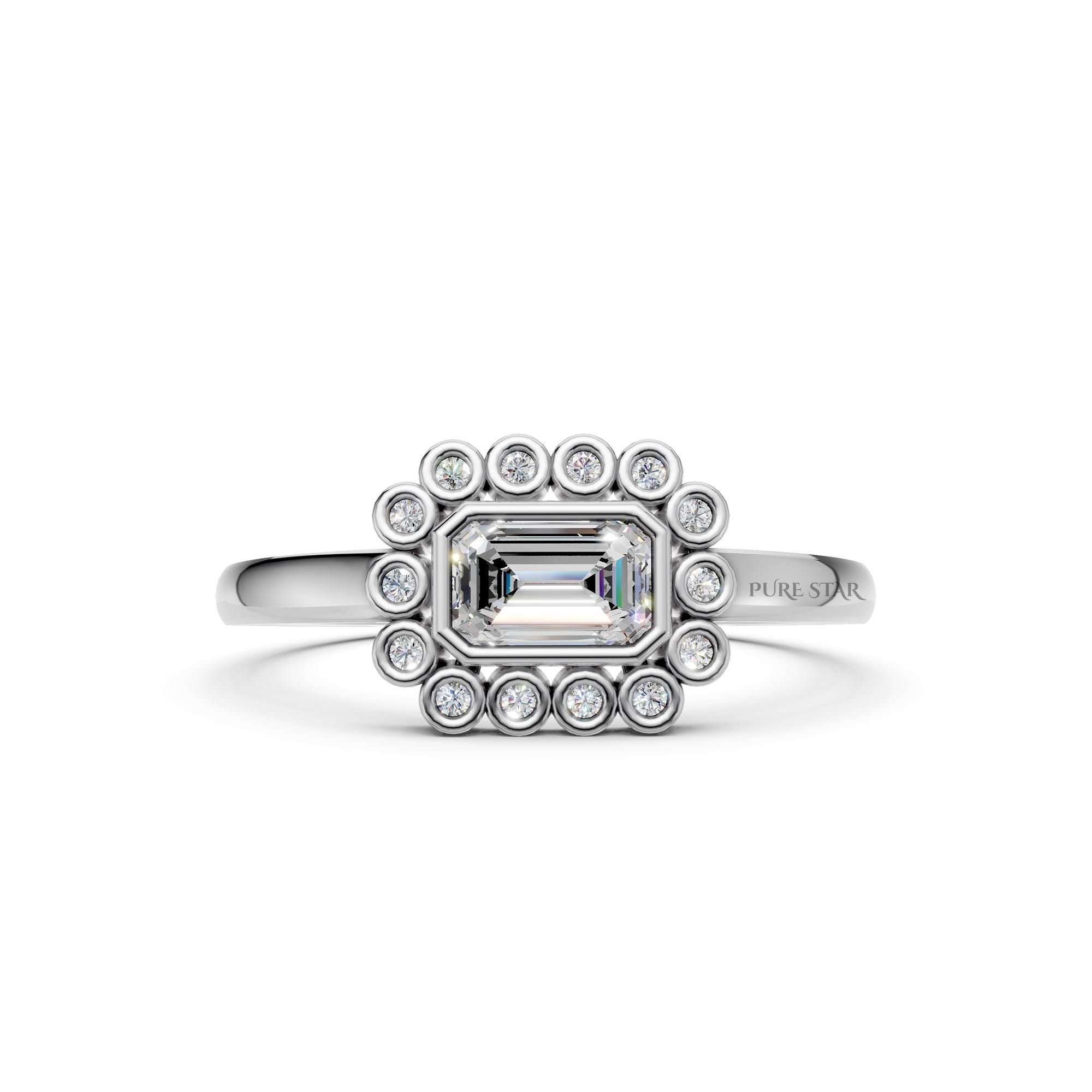 Emerald Cut Bezel Diamond Ring Art Deco Halo Engagement Ring Lab Grown Diamond Round Gold Proposal Ring Gift for Her