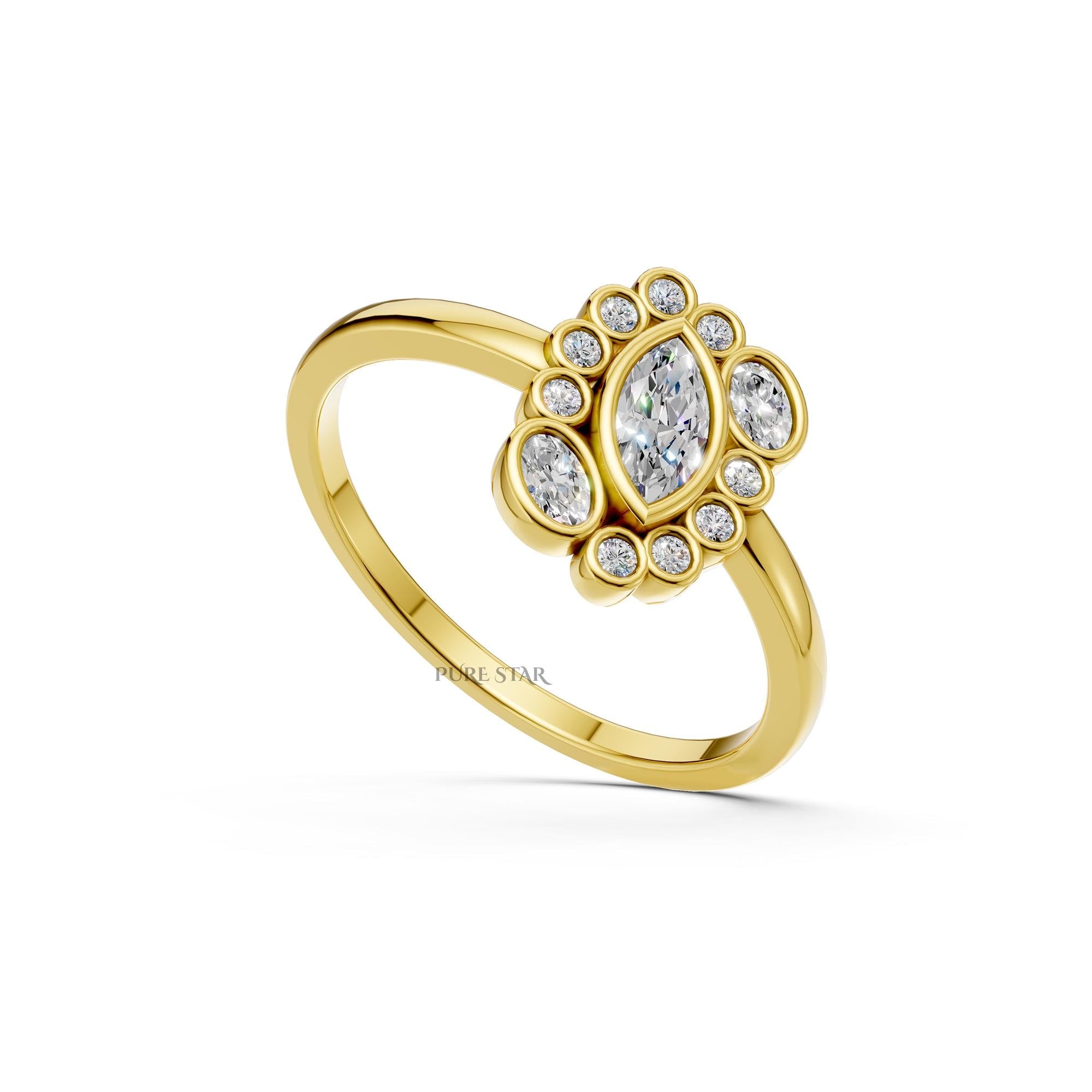 Dainty Marquise Lab Diamond Ring Vintage Halo Bezel Engagement Ring Art Deco Oval Round Diamond Elegant Proposal Gift for Her