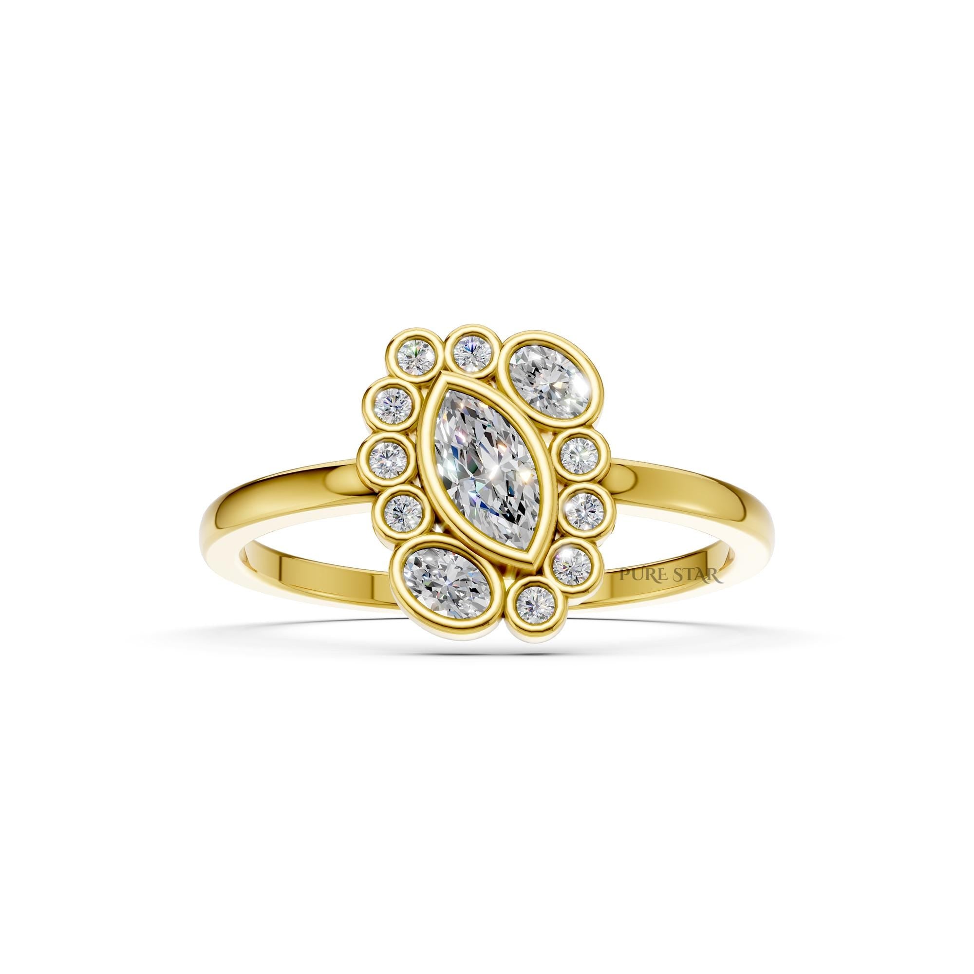 Dainty Marquise Lab Diamond Ring Vintage Halo Bezel Engagement Ring Art Deco Oval Round Diamond Elegant Proposal Gift for Her