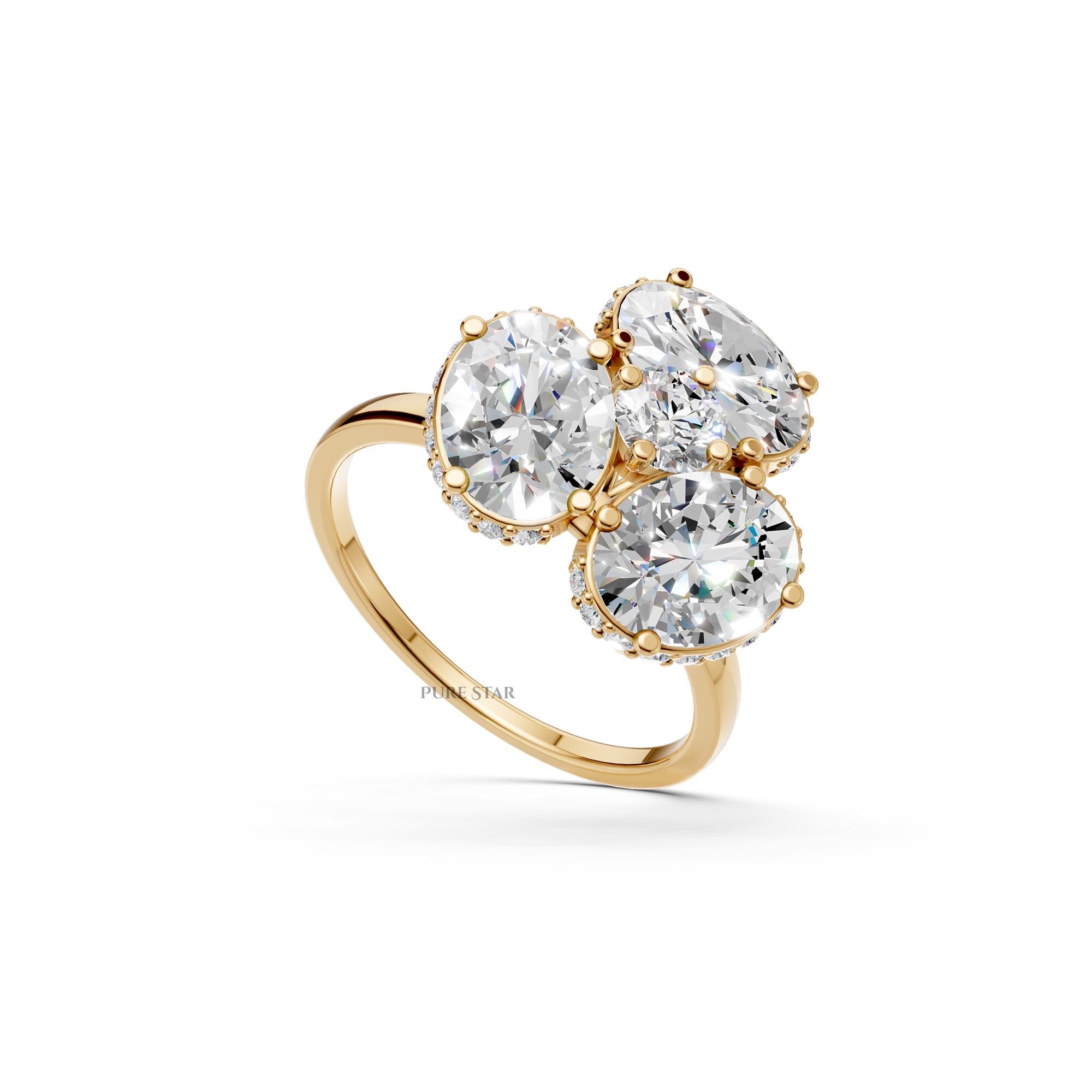 14K Gold Three Stone Engagement Ring, Oval Shape Lab Grown Diamond Ring, Dainty Anniversary Trilogy Ring for Her, Unique Gold Ring for Her