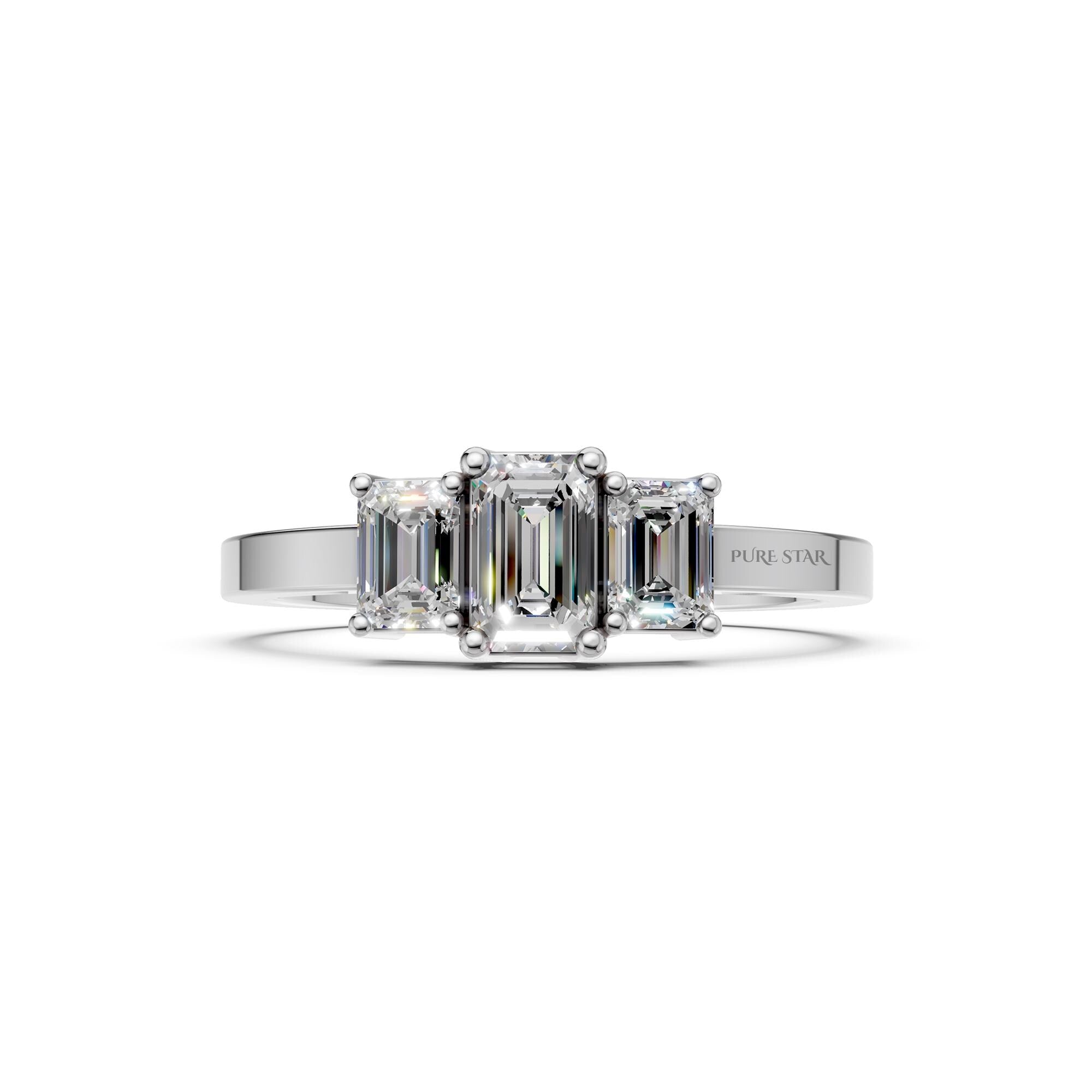 14K Yellow Gold Three Stone Emerald Cut Lab Grown Diamond Engagement Ring, Cathedral Set, IGI Certified