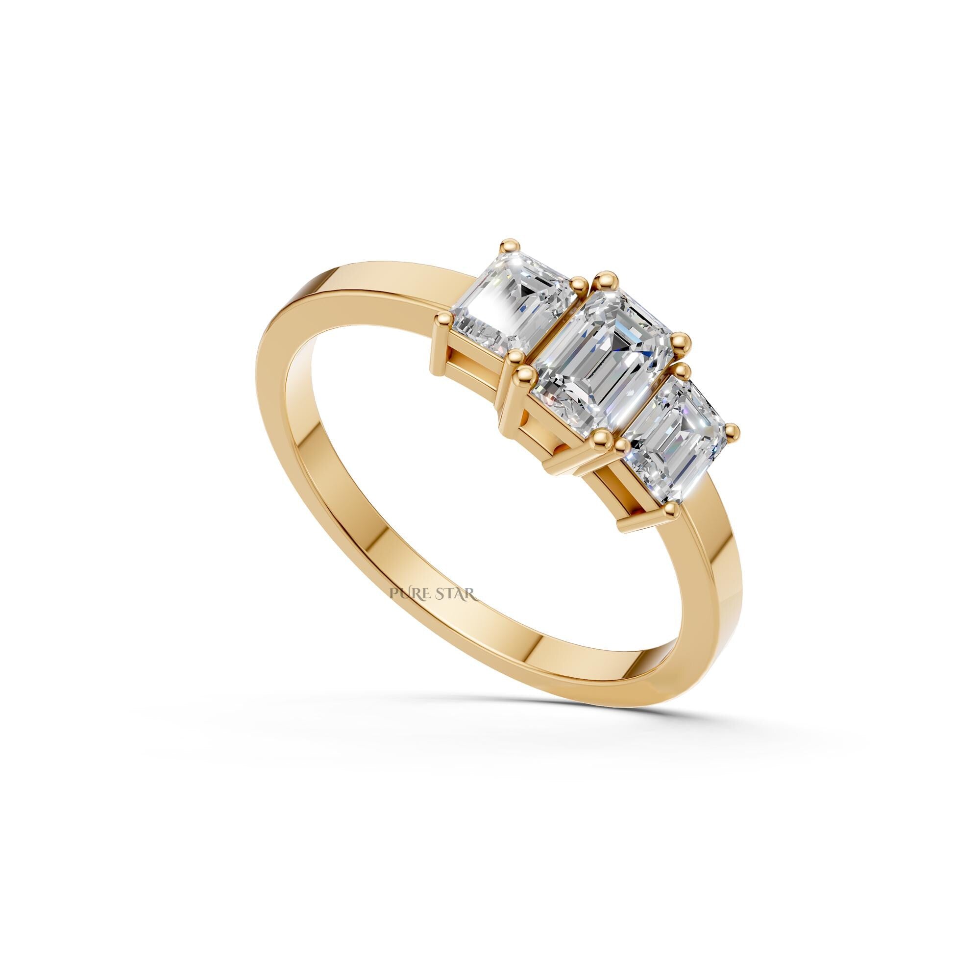 14K Yellow Gold Three Stone Emerald Cut Lab Grown Diamond Engagement Ring, Cathedral Set, IGI Certified