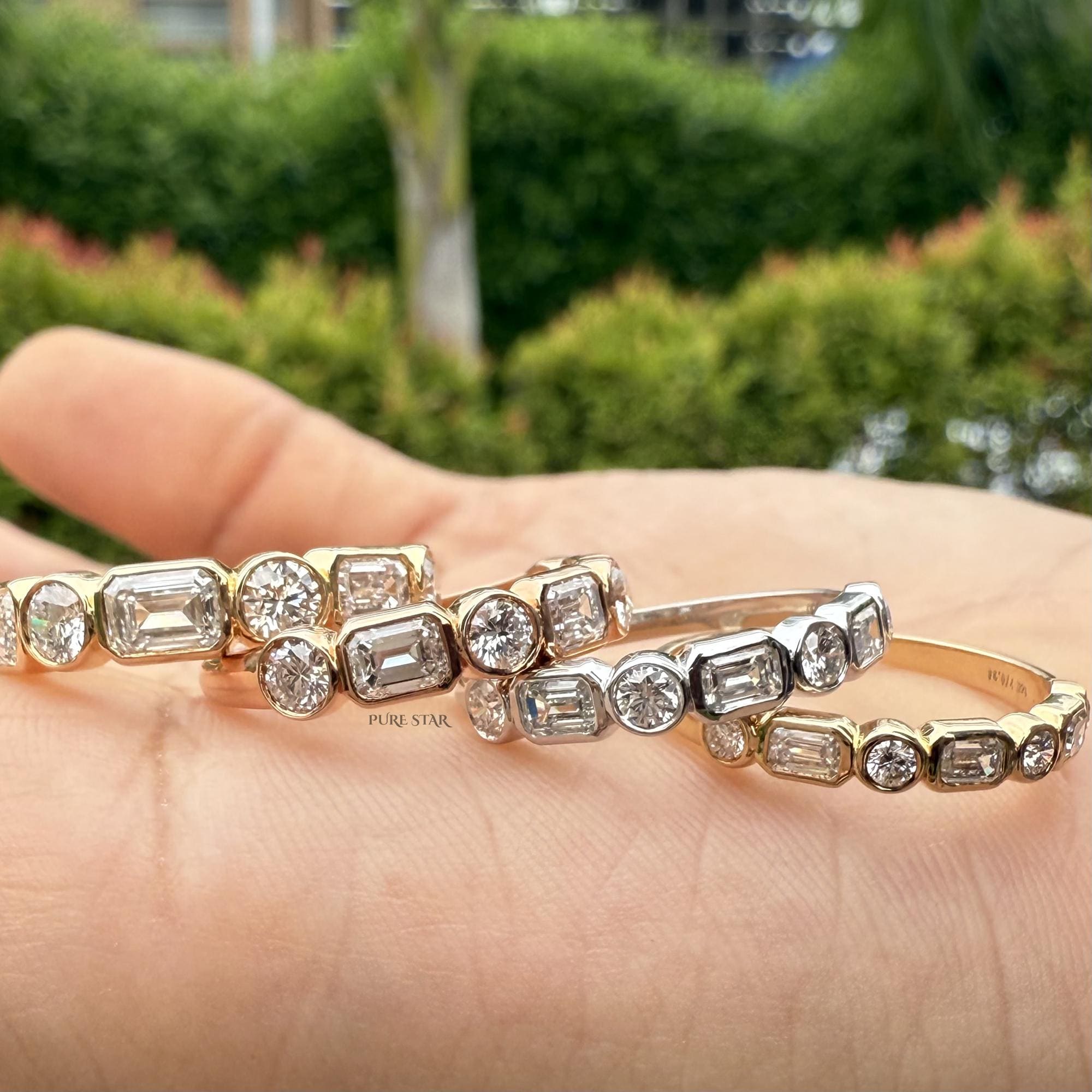 Emerald & Round Cut Bezel Set Half Eternity, Diamond Wedding Band, Gold Lab Grown Diamond Anniversary Ring, Bridal Ring, Gift For Her