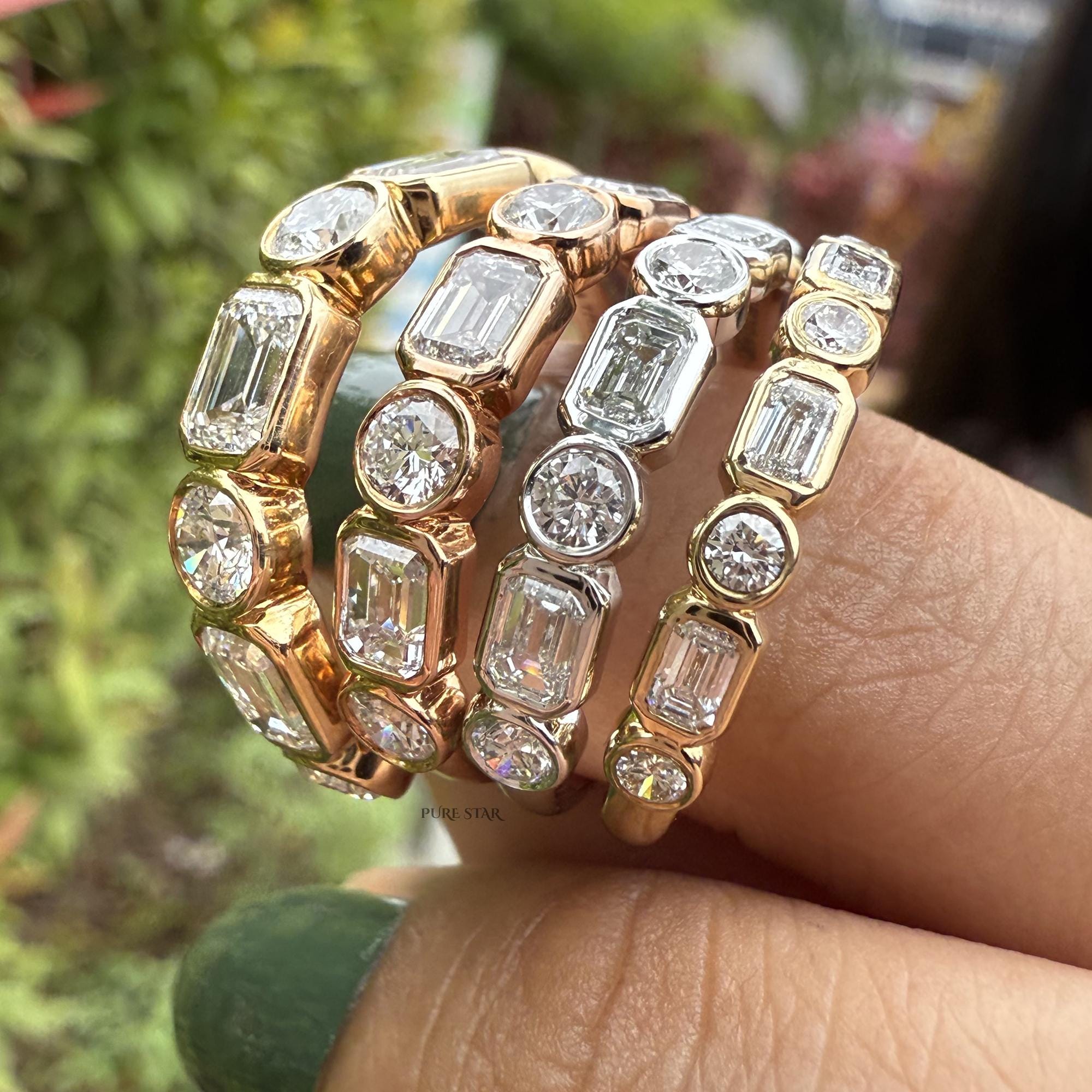 Emerald & Round Cut Bezel Set Half Eternity, Diamond Wedding Band, Gold Lab Grown Diamond Anniversary Ring, Bridal Ring, Gift For Her