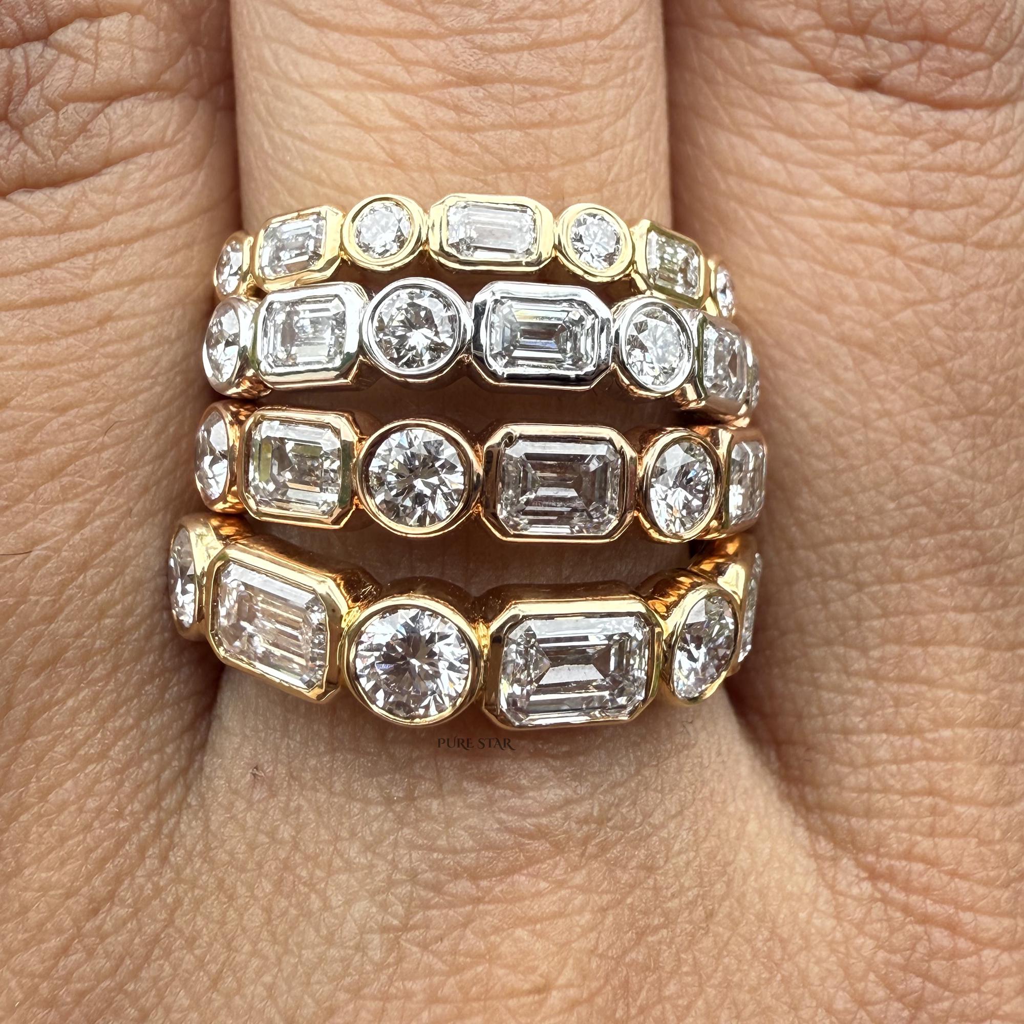 Emerald & Round Cut Bezel Set Half Eternity, Diamond Wedding Band, Gold Lab Grown Diamond Anniversary Ring, Bridal Ring, Gift For Her